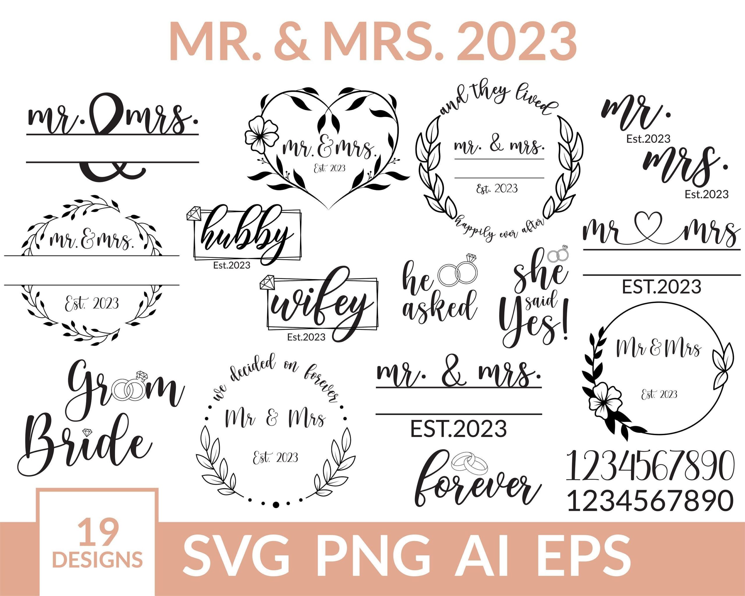 Mr and Mrs 2023 svg, Wedding svg bundle, Mr and Mrs split monogram svg, Hubby and Wifey, Bride a…