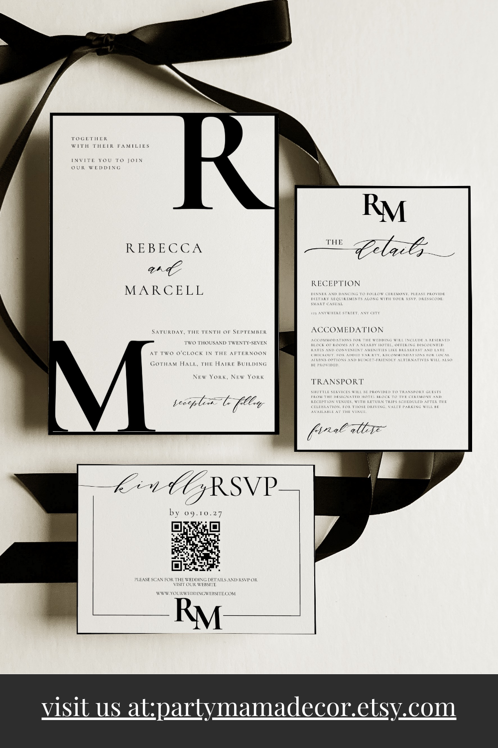 Editable Classy Black and White Wedding Invitation Suite, Includes Formal Invitation,Details cards