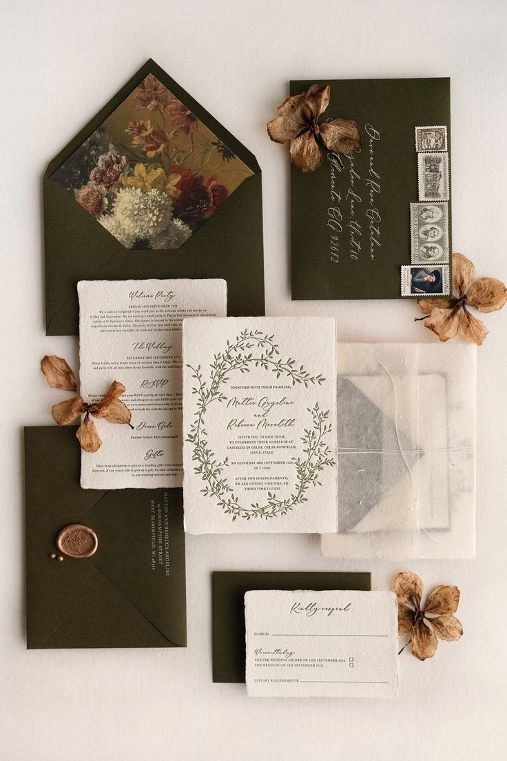 Fall wedding invitation suite. Olive green invitation with letterpress handmade paper cards