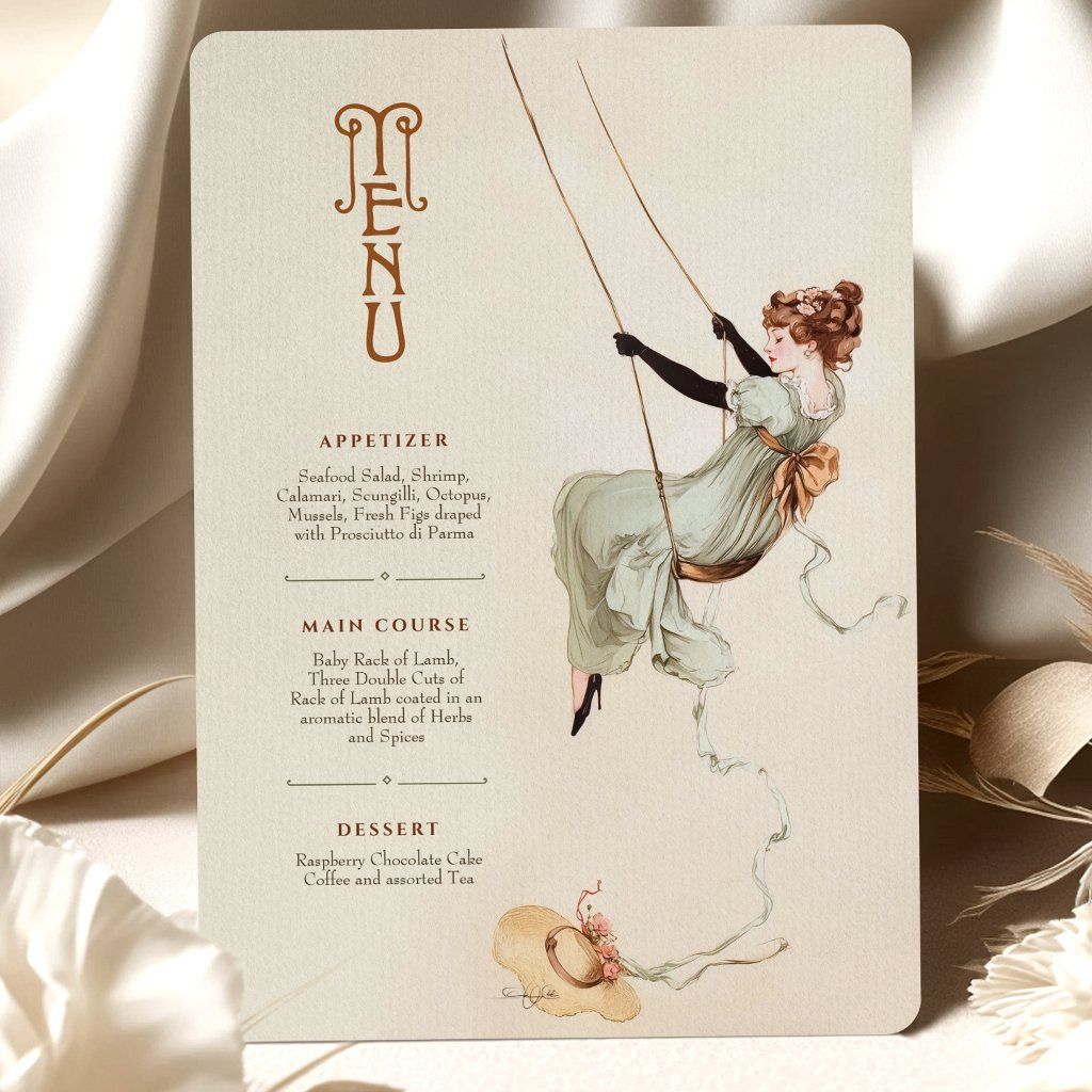 Elegant Retro Art Nouveau Wedding Reception Menu Card Design Perfect for Your Special Day