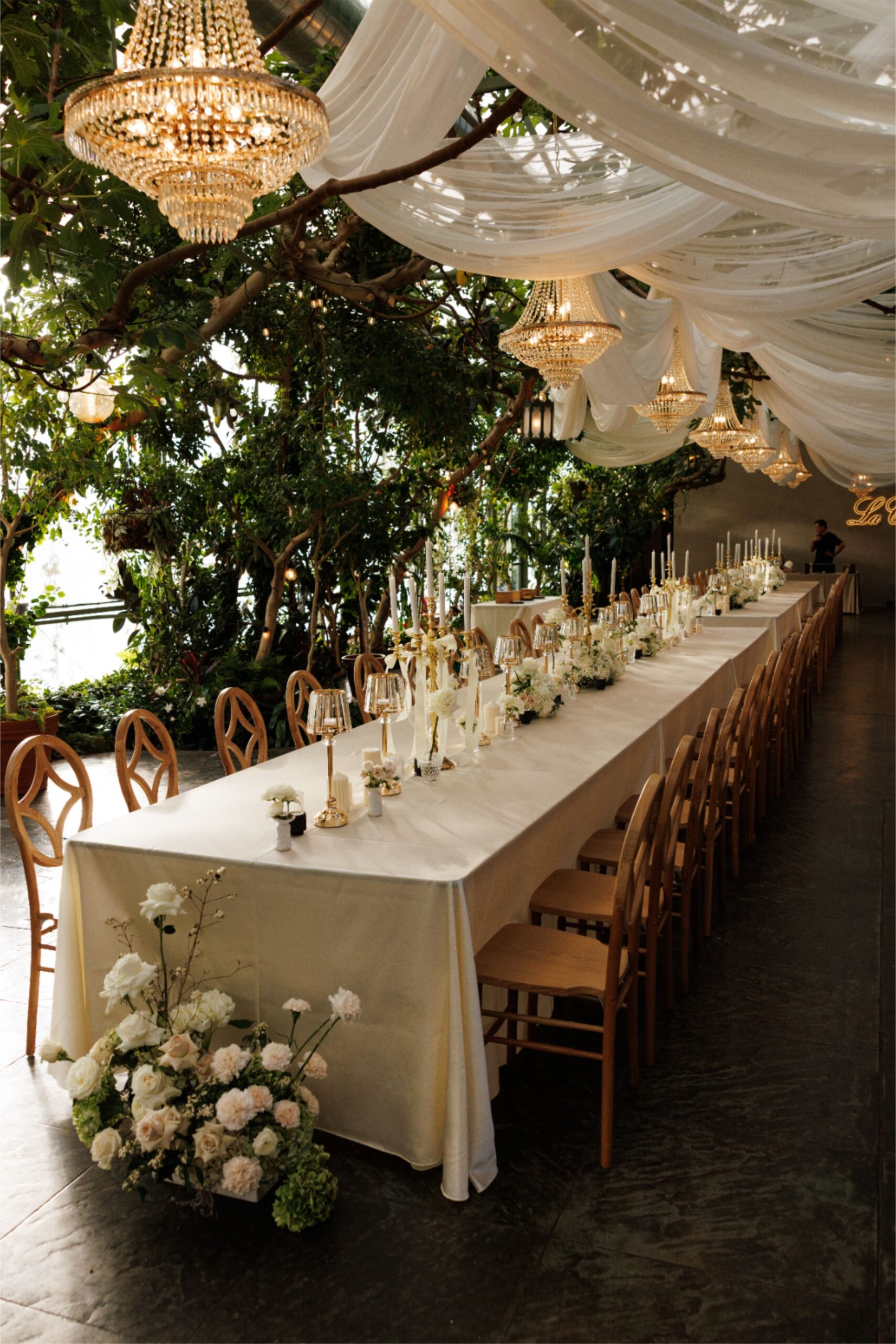Elegant Utah Wedding Reception with Draping and Chandeliers