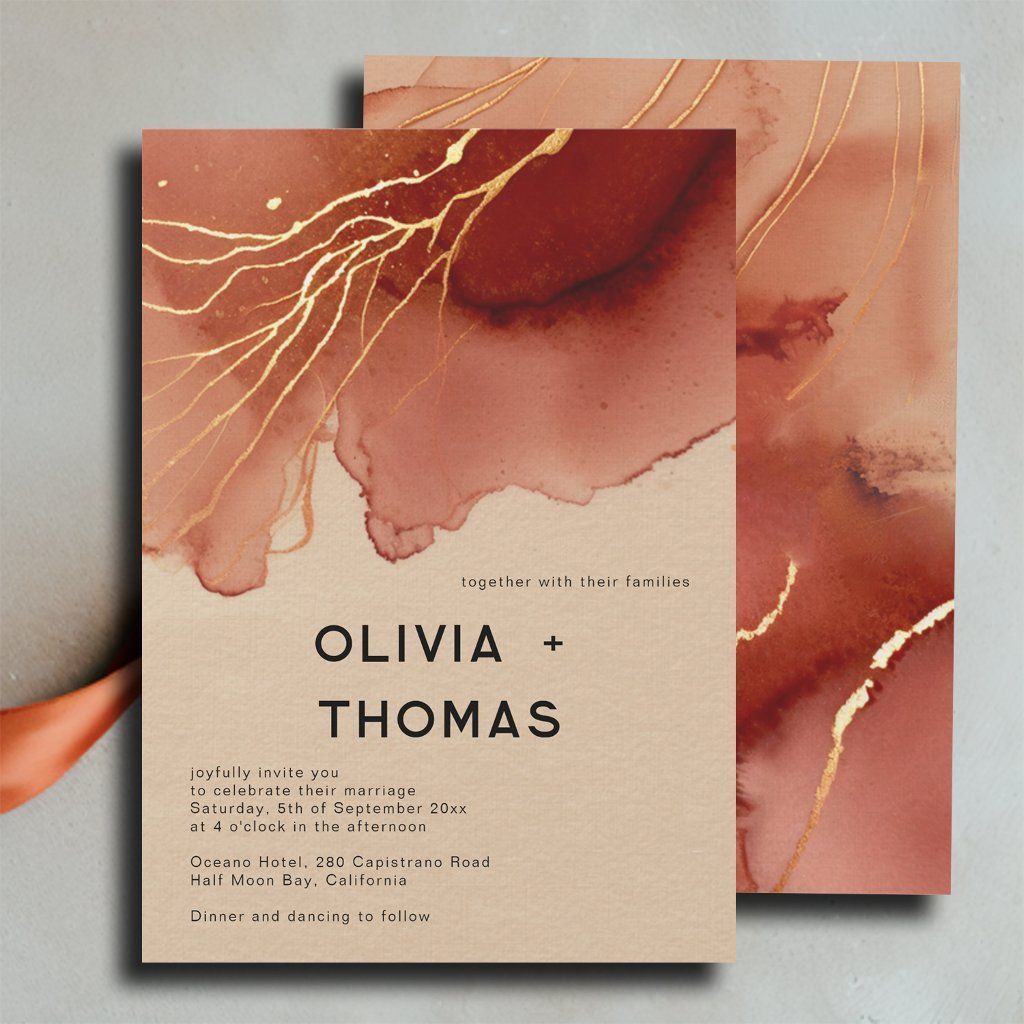 Modern Terracotta Gold Beach Fall Wedding Invitation