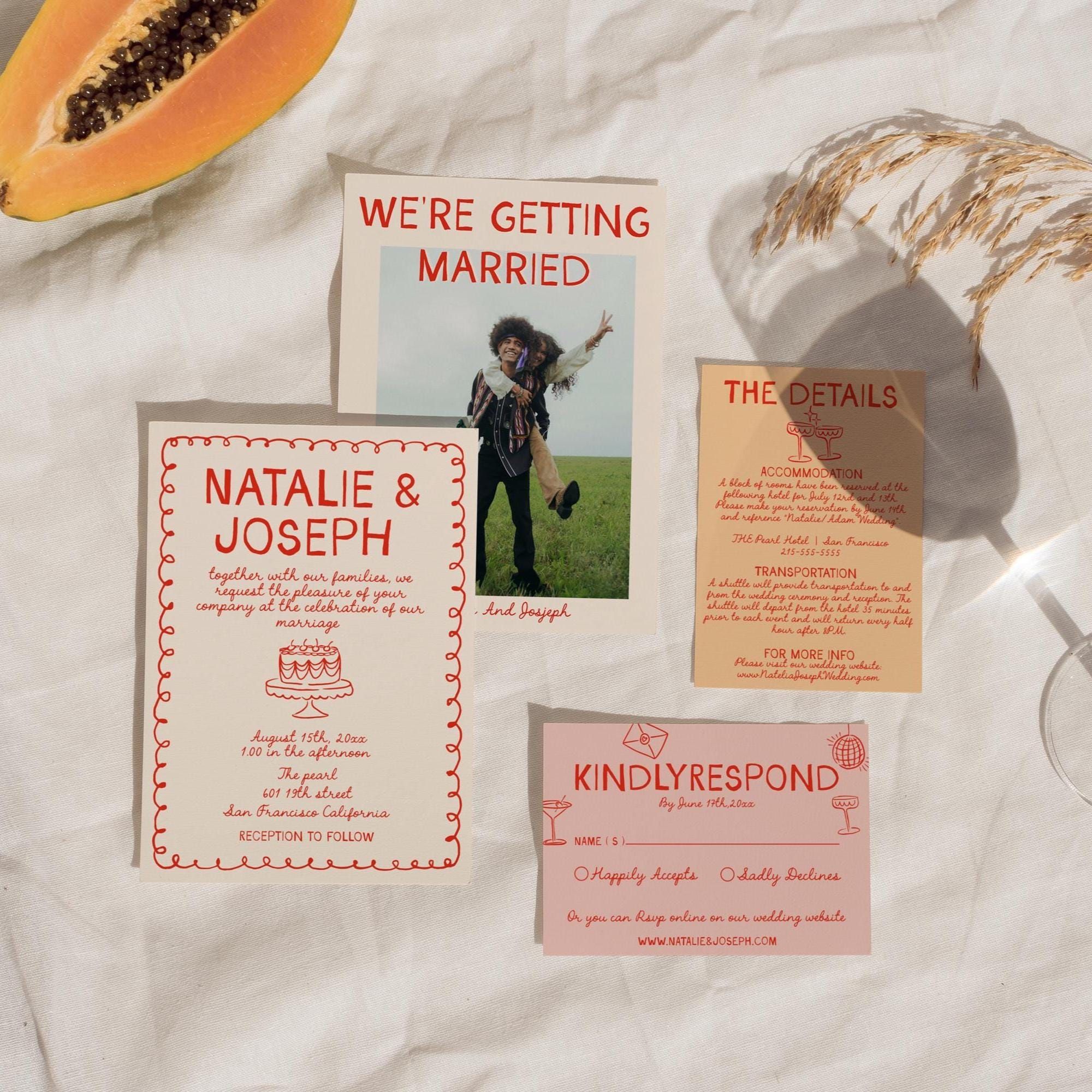 Suite de mariage colorée pour gâteau rétro dessiné et écrit à la main, réponse numérique et détails