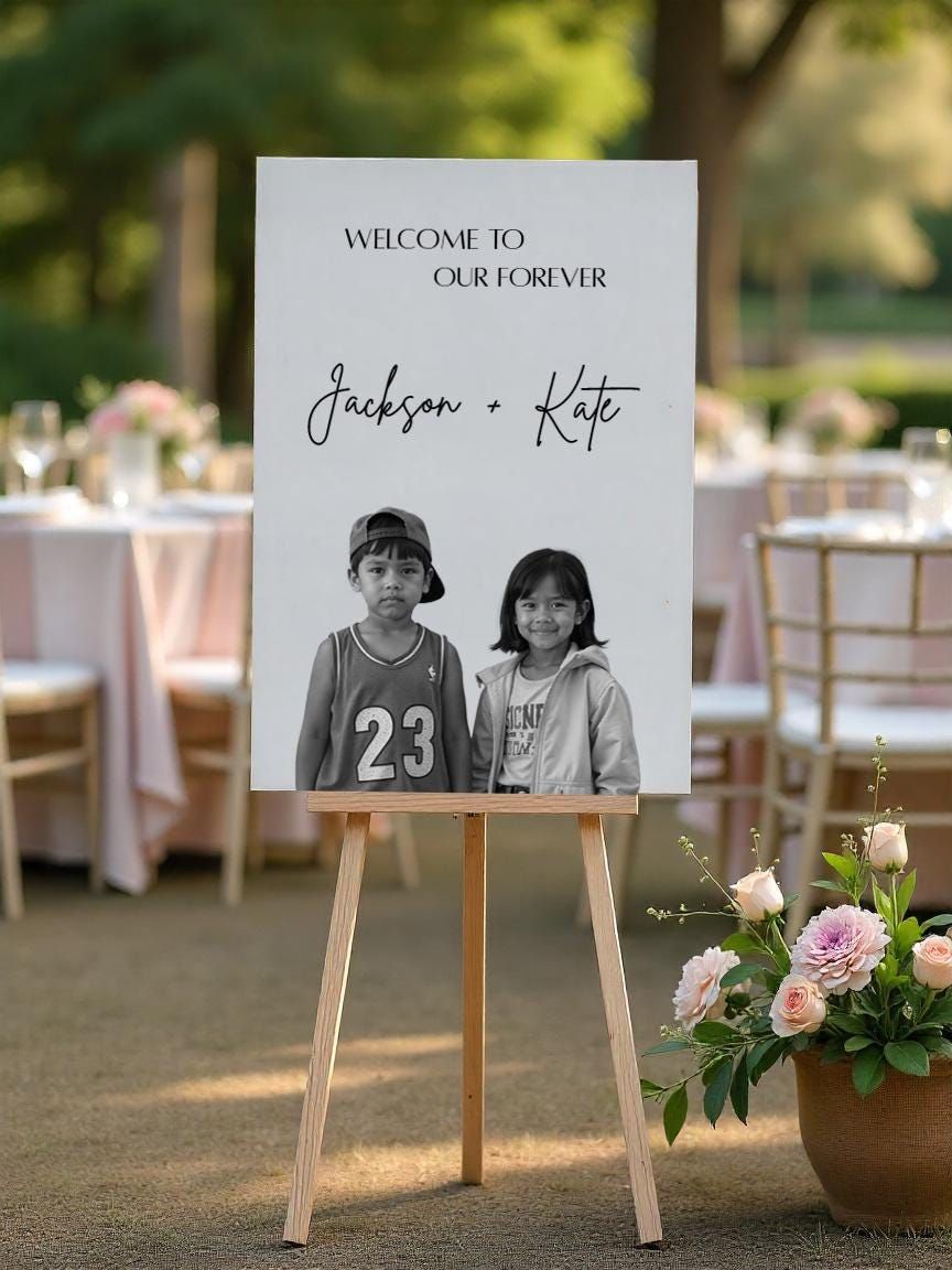 Panneau de bienvenue de mariage en acrylique personnalisé avec photo d’enfance