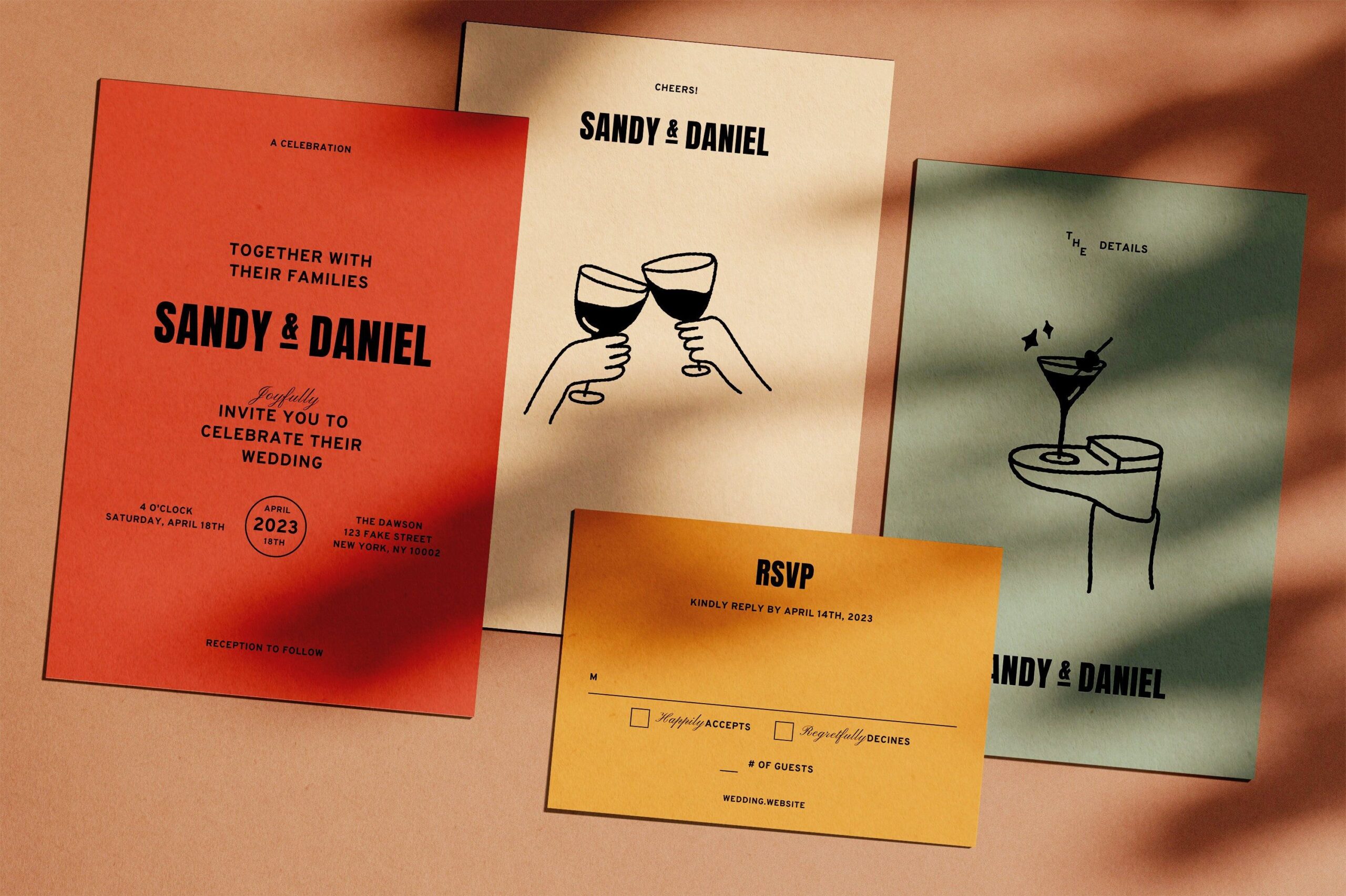 CHEERS DIY Suite d’invitations de mariage | Modèle entièrement modifiable | Téléchargement numérique pour la papeterie de mariage | Imprimable | Rétro Funky Moderne