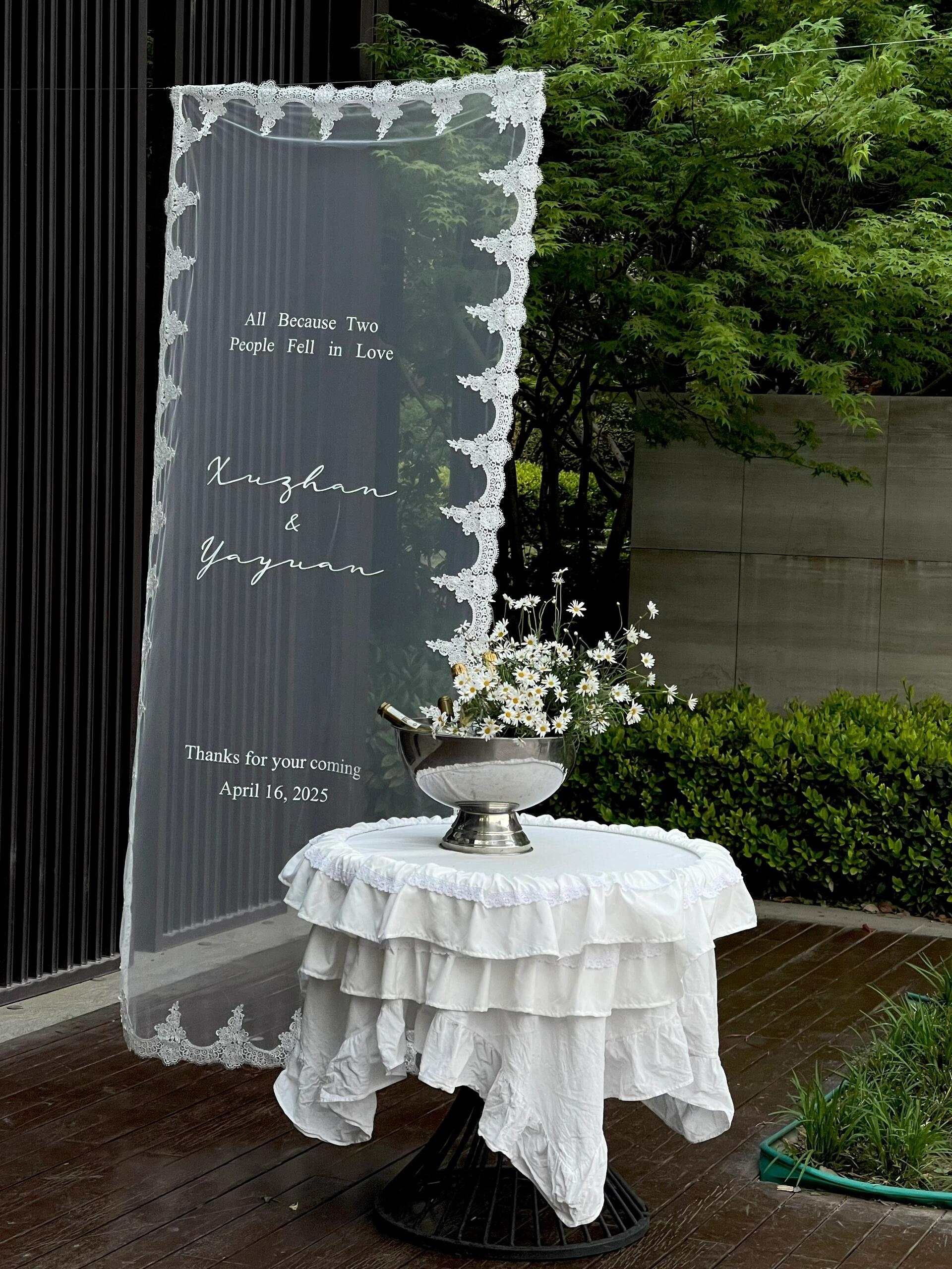 Vintage Real Lace Wedding Welcome Sign – Customizable Fabric Backdrop