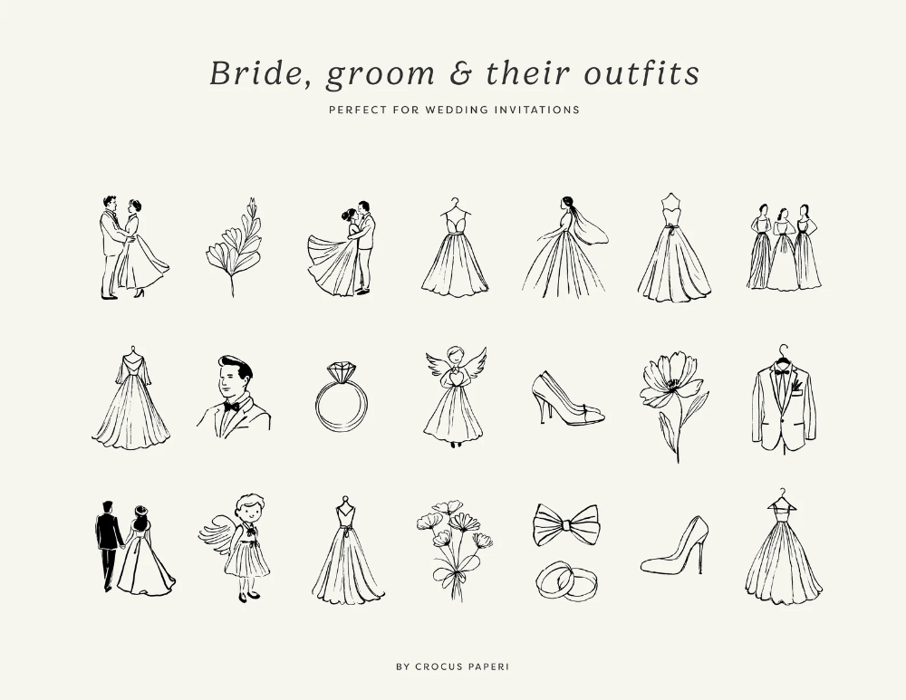 Hand-drawn Wedding Illustrations: Line Art Clipart (PNG, SVG, Vector) — Etsy