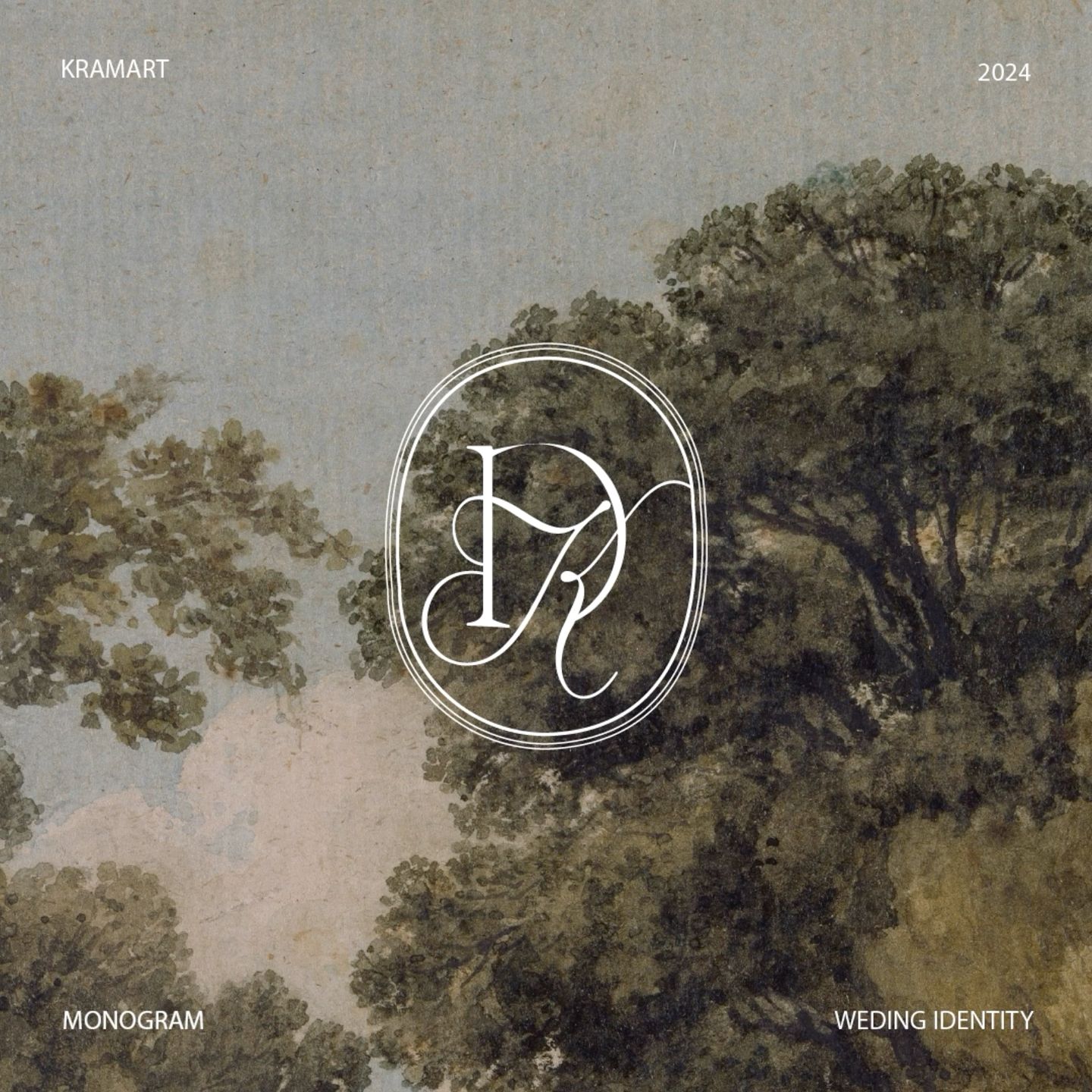 Wedding monogram letters vintage invitation design with wat colour illustration