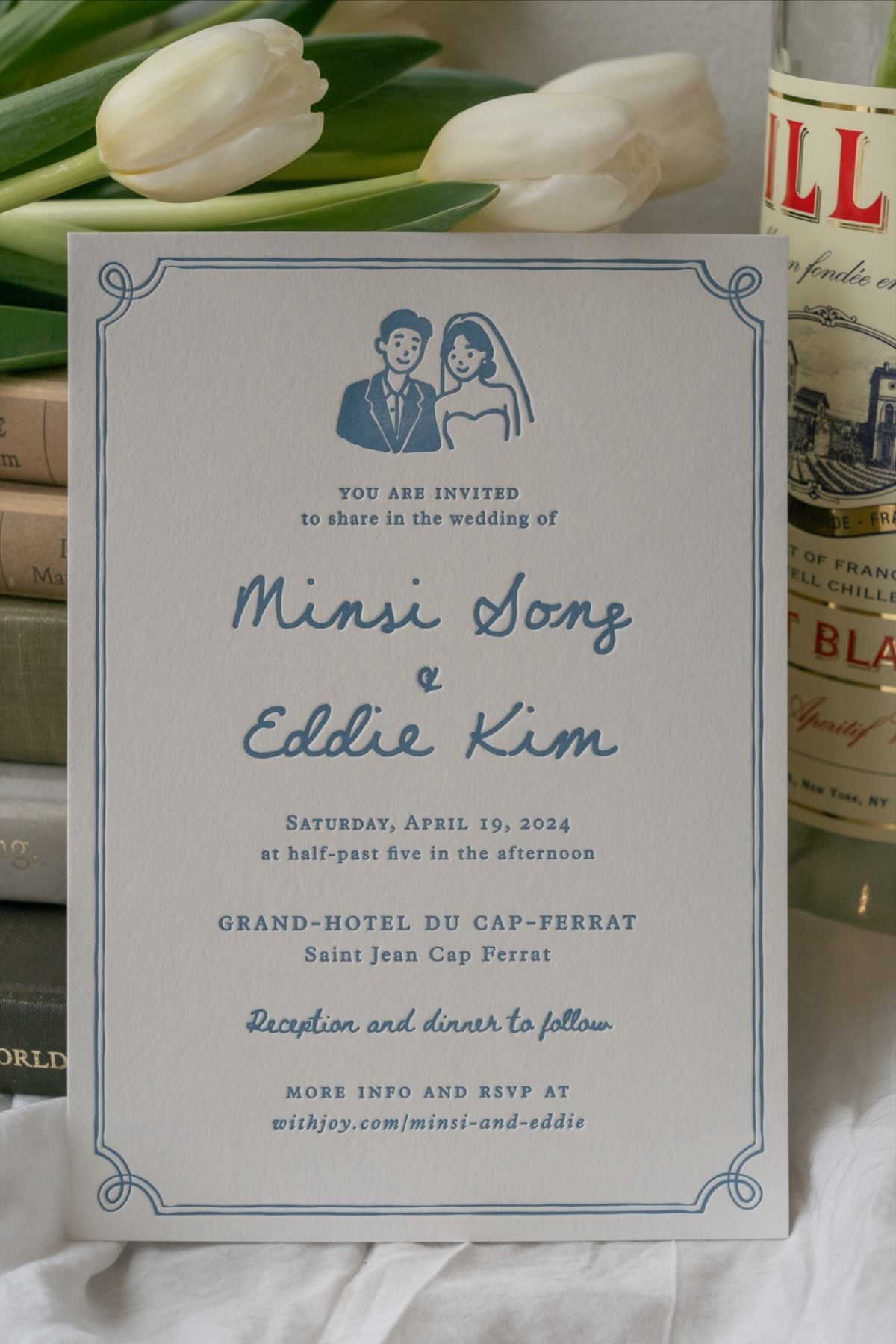 Letterpress Invitation with Custom Couple Illustration