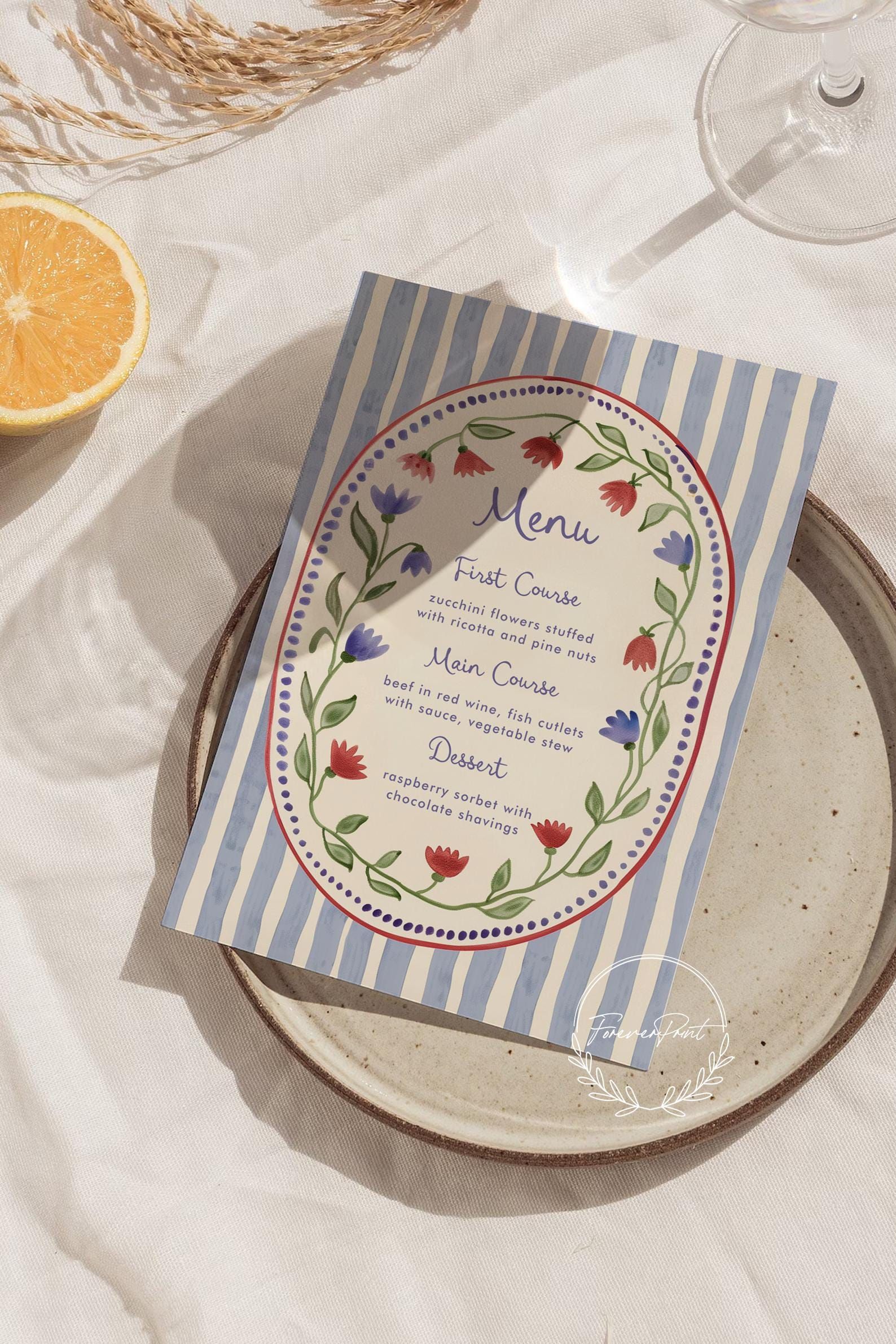 Blue Striped Floral Menu Template, Hand Drawn, Wedding/bridal Shower Menu, Printable, Digital Template, INSTANT DOWNLOAD, Summer Spring Menu — Etsy