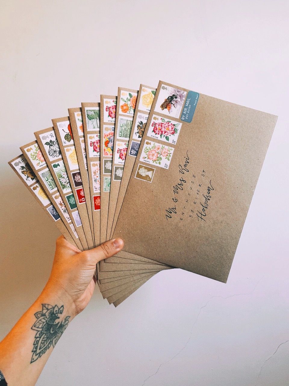 Vintage Stamps Calligraphy Envelopes Wedding Invitations Stationery Supplier Boho Wedding