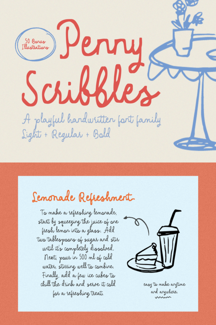 Whimsical Scribbles: Playful Font + 50 Bonus Illustrations