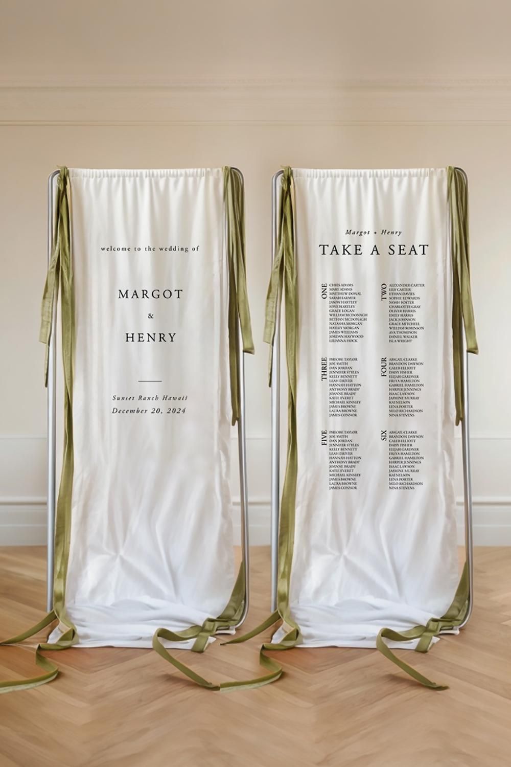 Ensemble de plaque de bienvenue pour mariage en lin et plan de table : plan de table en tissu personnalisé