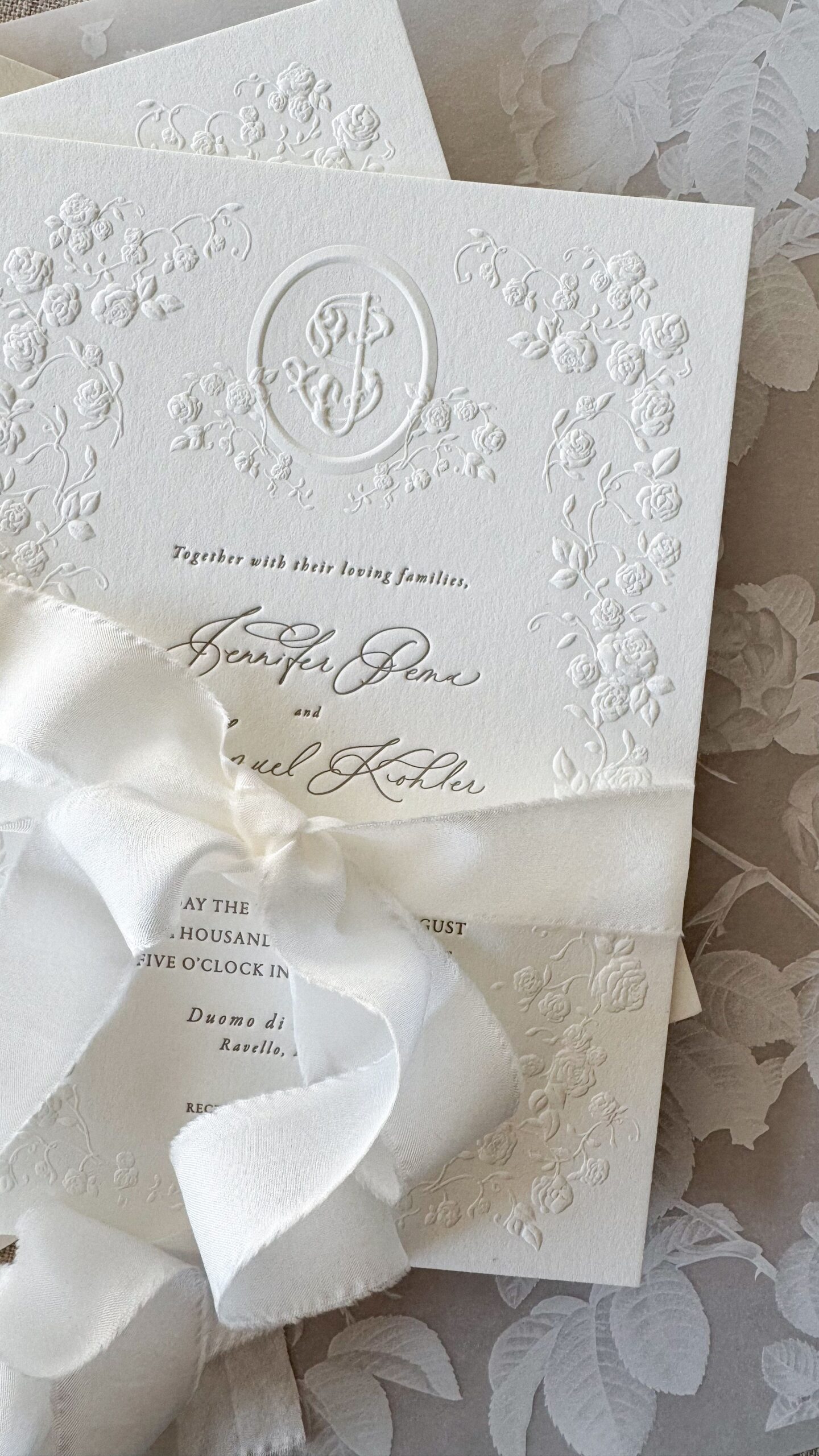Elegant Wedding Invitations with Sculpted Emboss Floral Border | KE Co.