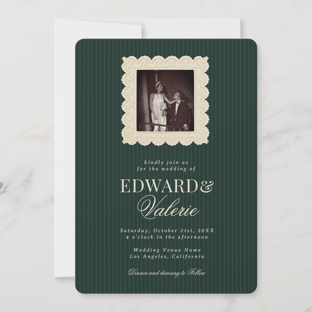 Vintage Lace Stripes Old Money 2 Photo Wedding Invitation | Zazzle