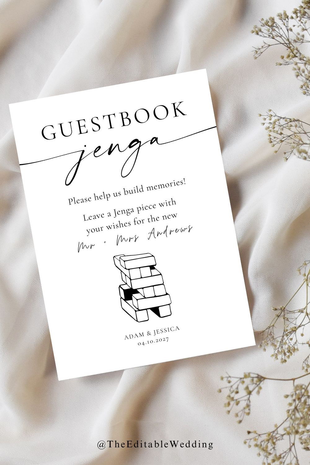 Minimalist Jenga Wedding Guestbook Sign — Editable Canva Template