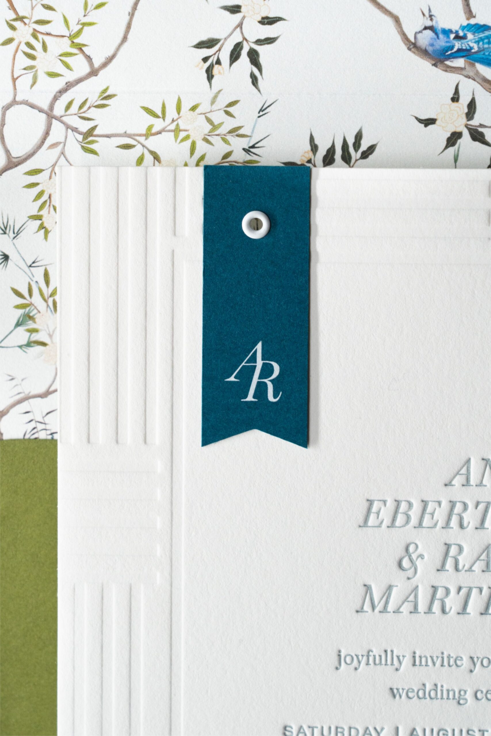 Embossed Wedding Invitation with Art Deco Ribbon Detail
