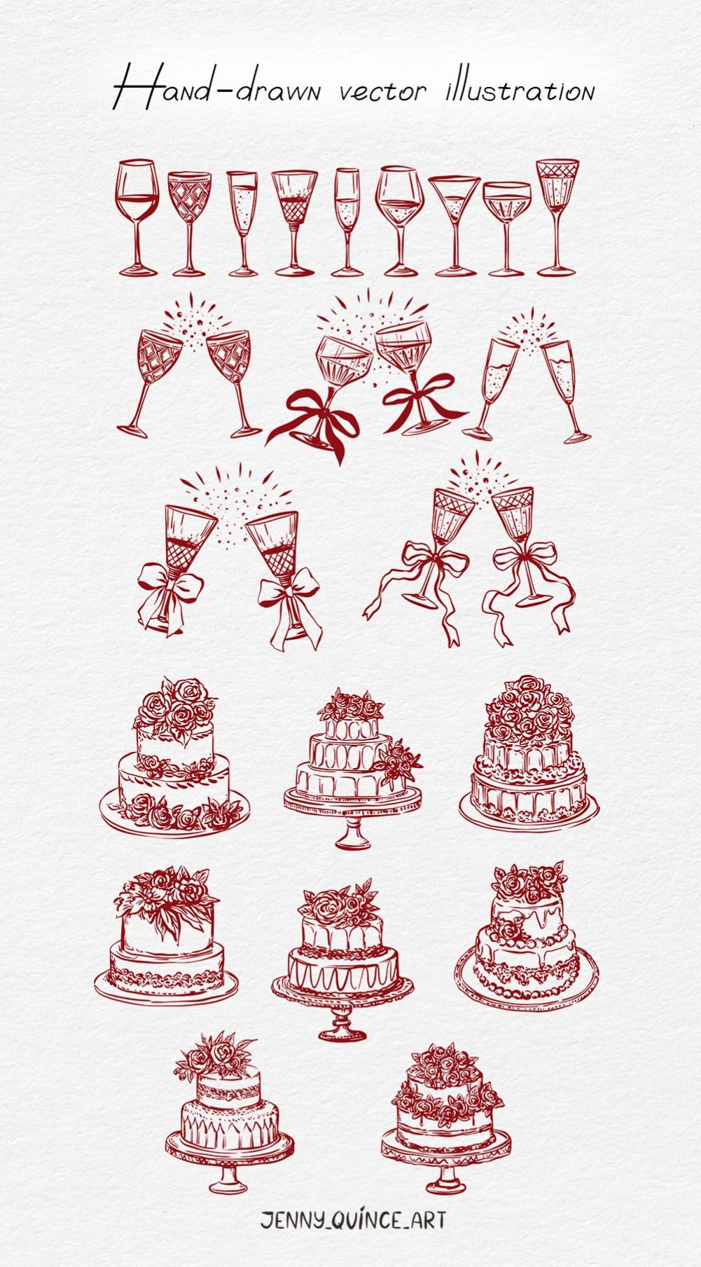 Rococo Cakes & Drink Glasses – Whimsical Vector Set in Cherry Tones (2025 Trend)