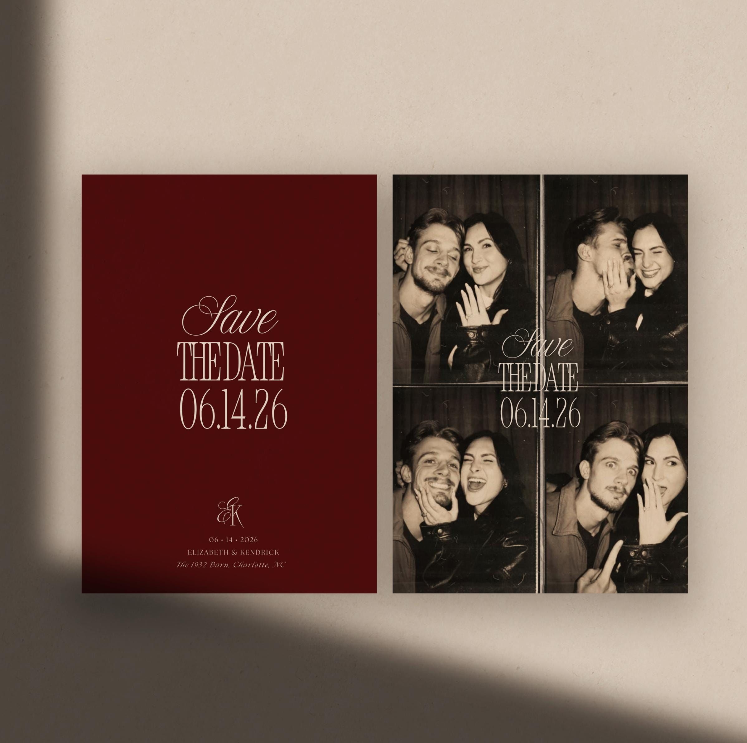 Élégant modèle «Retenez cette date» blanc bordeaux avec photo : faire-part de mariage bricolage minimaliste (téléchargement numérique) EBW1