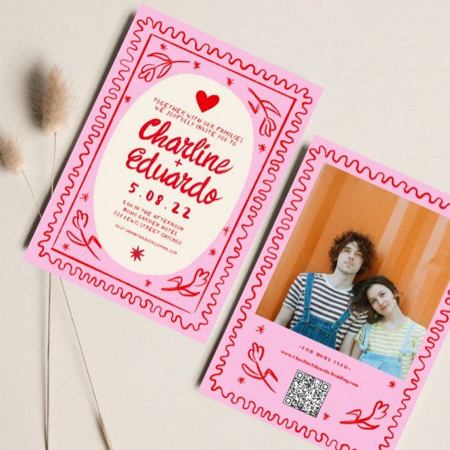 Pink Red Hand Drawn Wavy Retro Wedding  Invitation | Zazzle