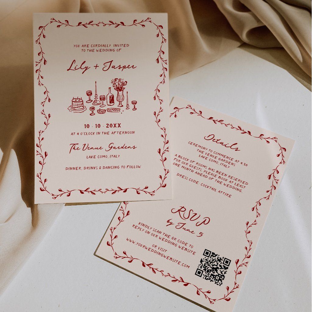 All In One Maroon Hand Drawn QR Code Wedding