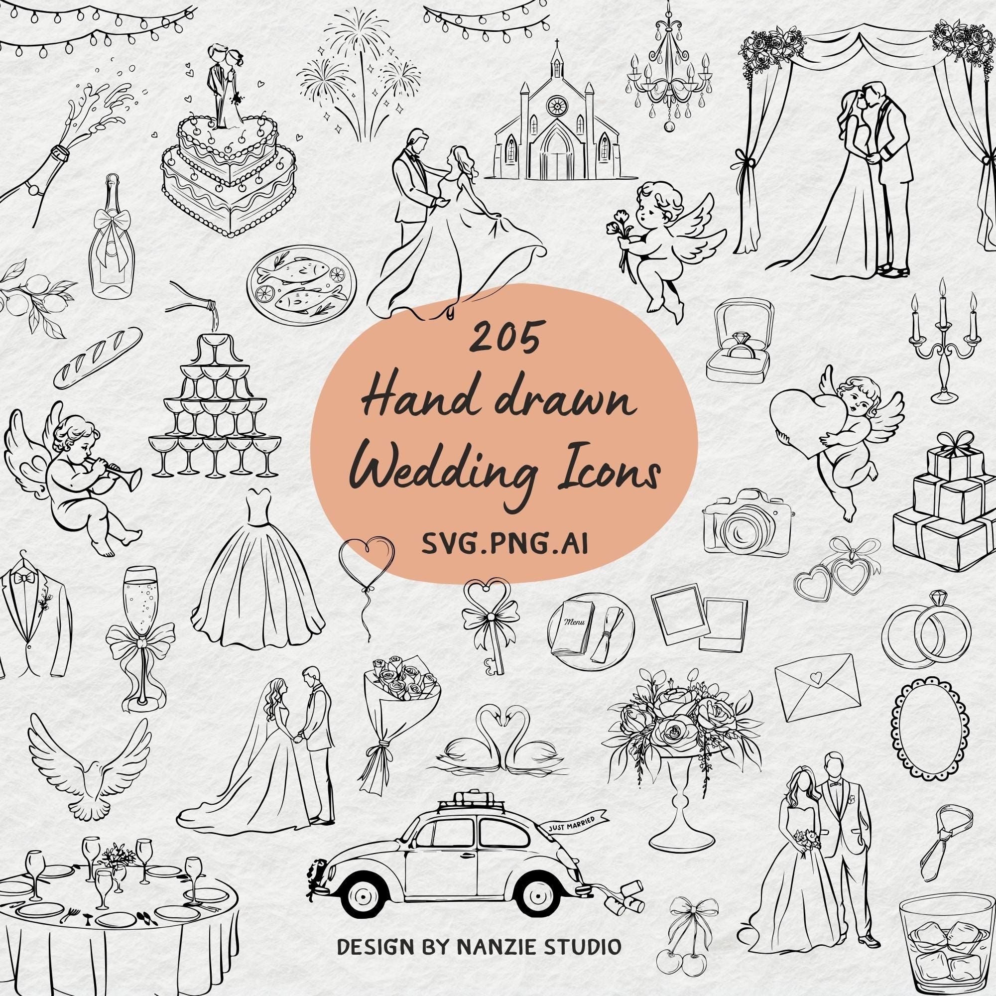 Doodles mariage fantaisistes SVG PNG Bundle : Clipart d’invitation de mariage d’icônes (téléchargement numérique)