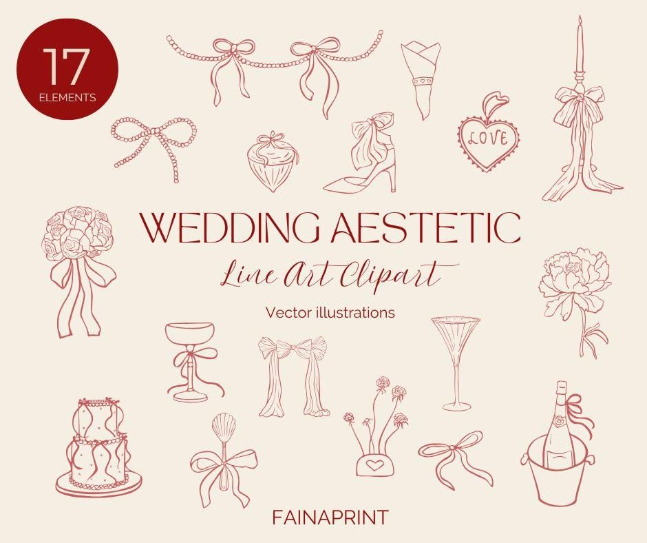 Ensemble de cliparts mariage dessin au trait, éléments de contour de la mariée (téléchargement numérique)