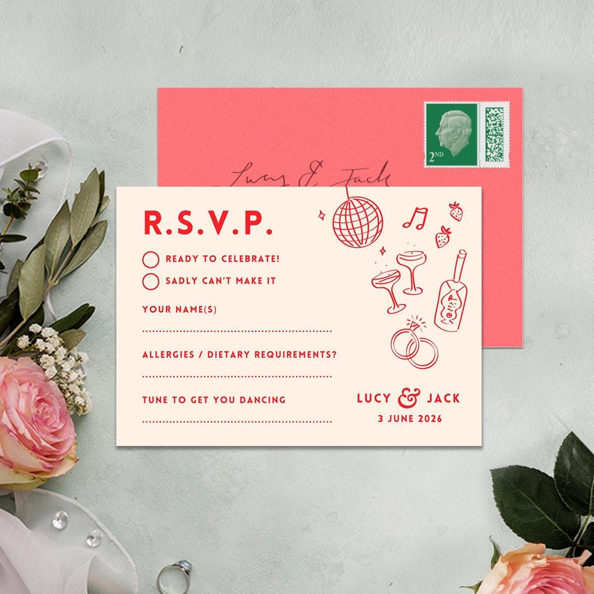 Carte RSVP, illustration de griffonnage dessinée à la main, mariage amusant et détendu, modèle sur toile, invitation, réservez votre date, détails, carte de cocktails