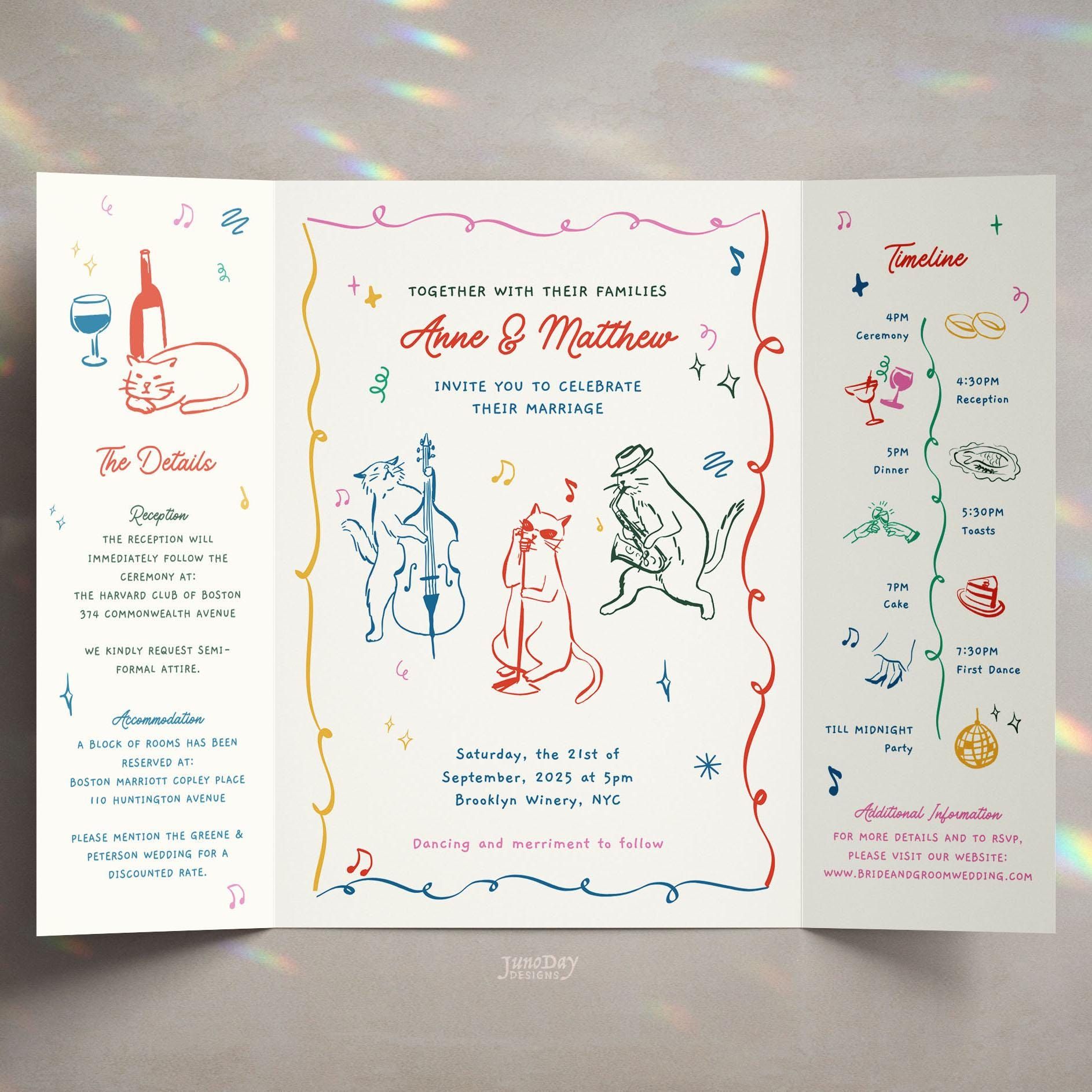 Jazz Cats Gate Fold Wedding Invite CANVA Template Minimalist Casual Handdrawn Whimsical DIY Elopement Reception Stationery Editable Custom — Etsy