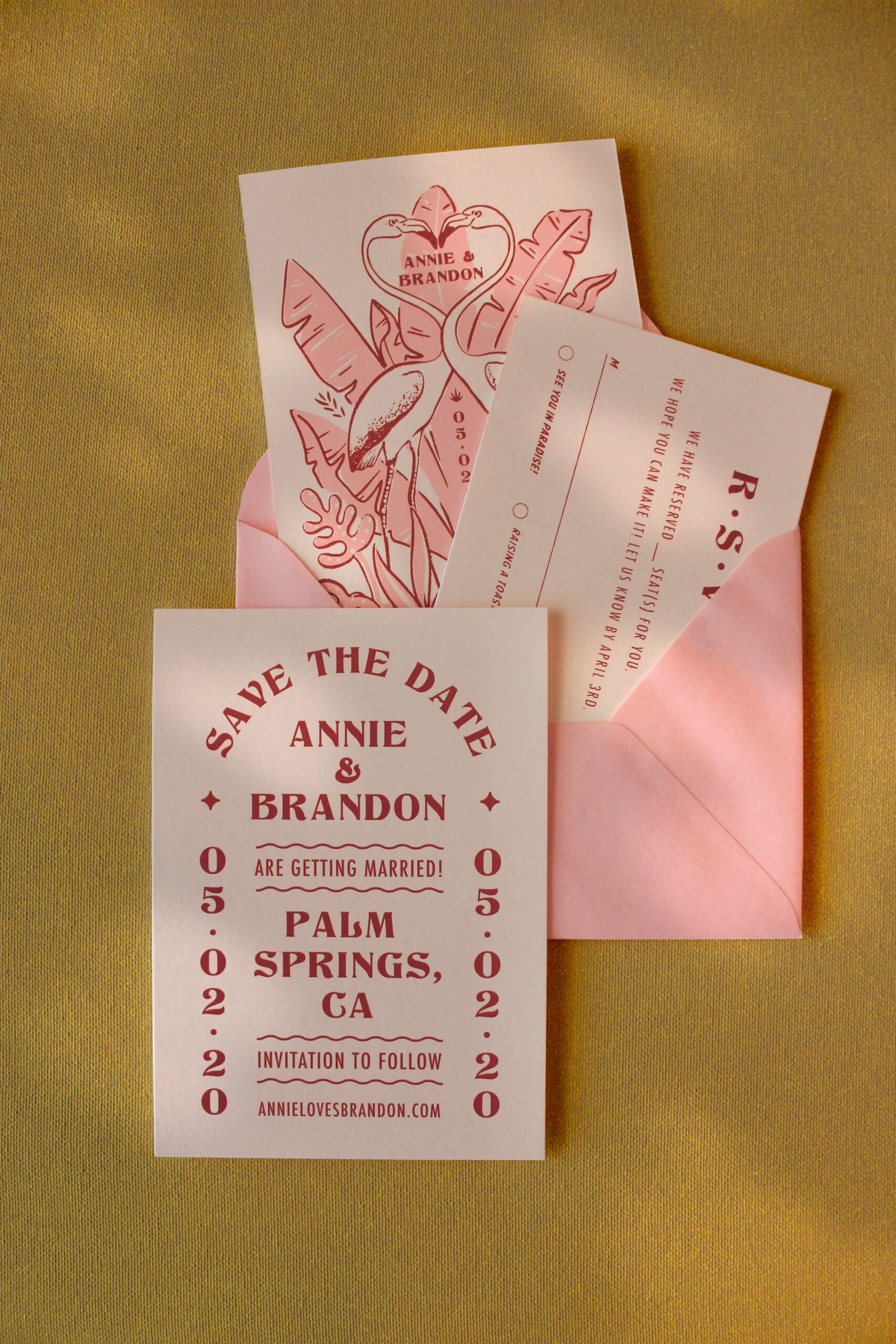 modern tropical pink and rust wedding invitation suite