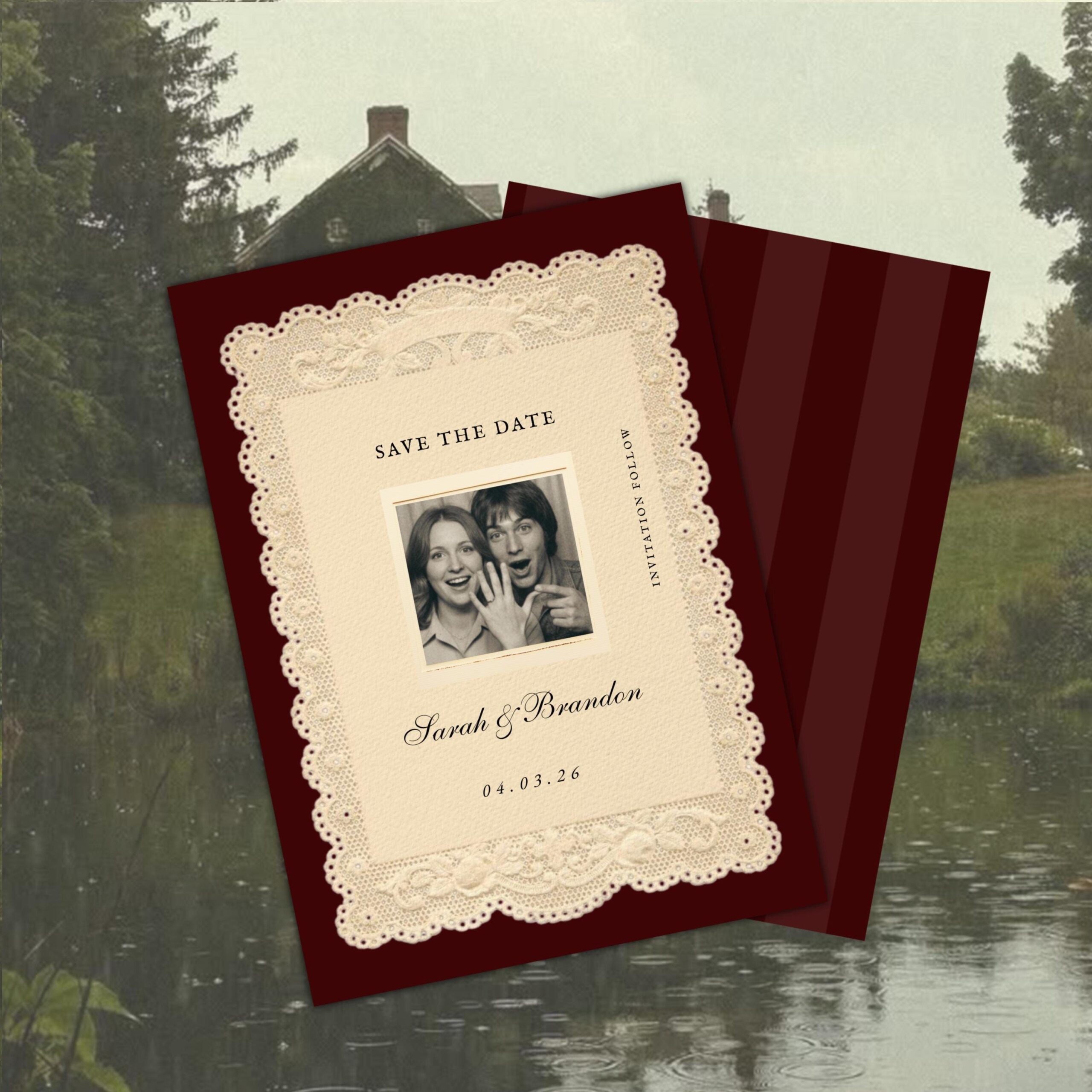 Faire-part de mariage en dentelle vintage rouge vineux faites gagner la date | Invitation modifiable (téléchargement numérique)