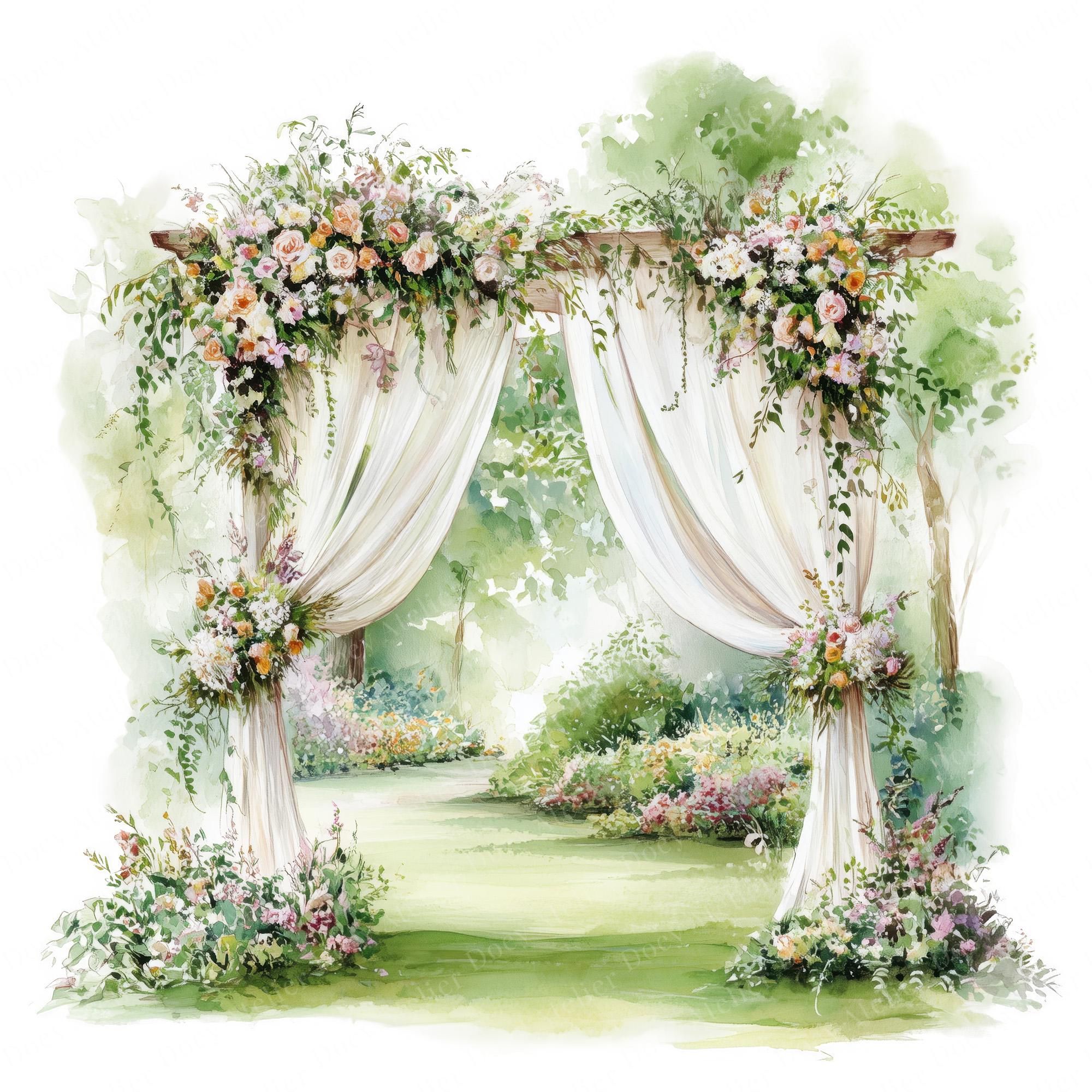 Ensemble de 10 cliparts arche mariage, arches de jardin floral romantique avec tissu drapé, décors de cérémonie aquarelle, usage Commercial PNG