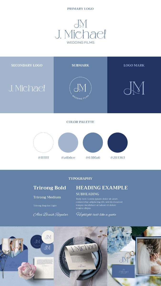 Elegant minimalist blue wedding design, custom logo, feminine branding.