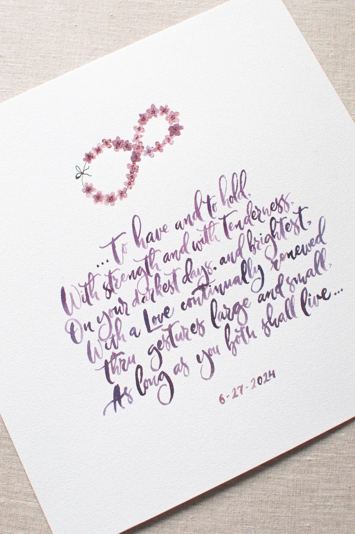 Cadeau d’anniversaire de mariage Lecture de mariage Calligraphie personnalisée Art mural Citation de calligraphie aquarelle Service de calligraphie de mariage manuscrite