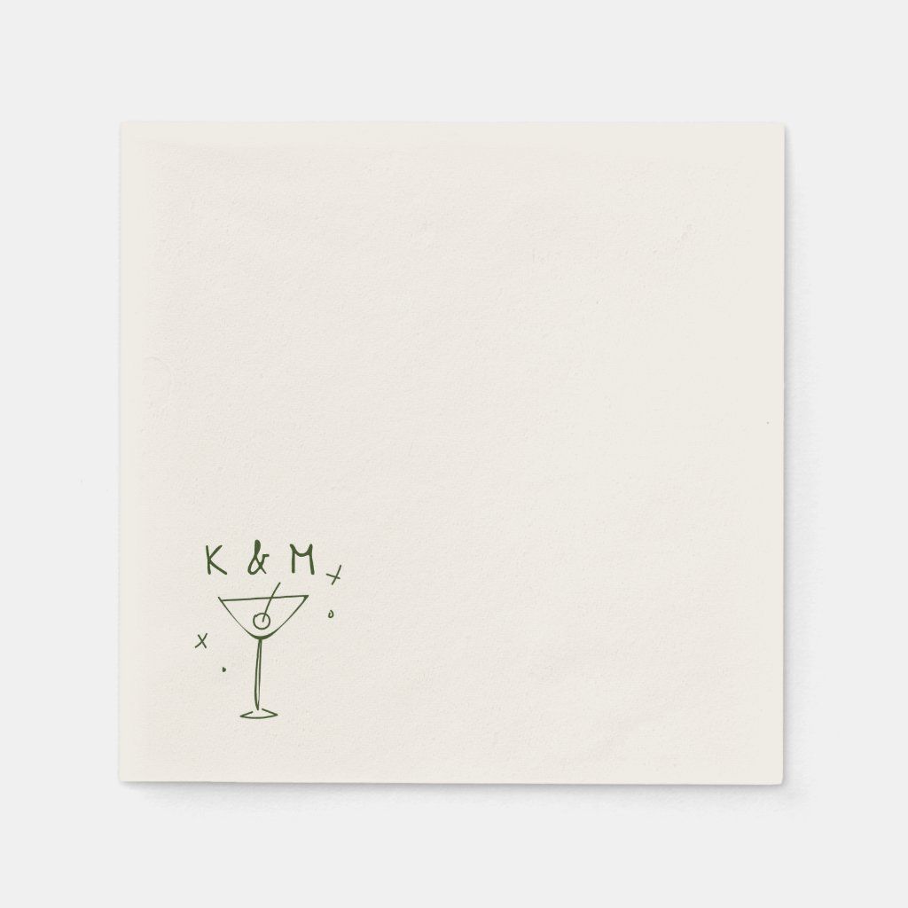 Retro Whimsical Martini Hand Drawn Custom Initials Napkins | Zazzle