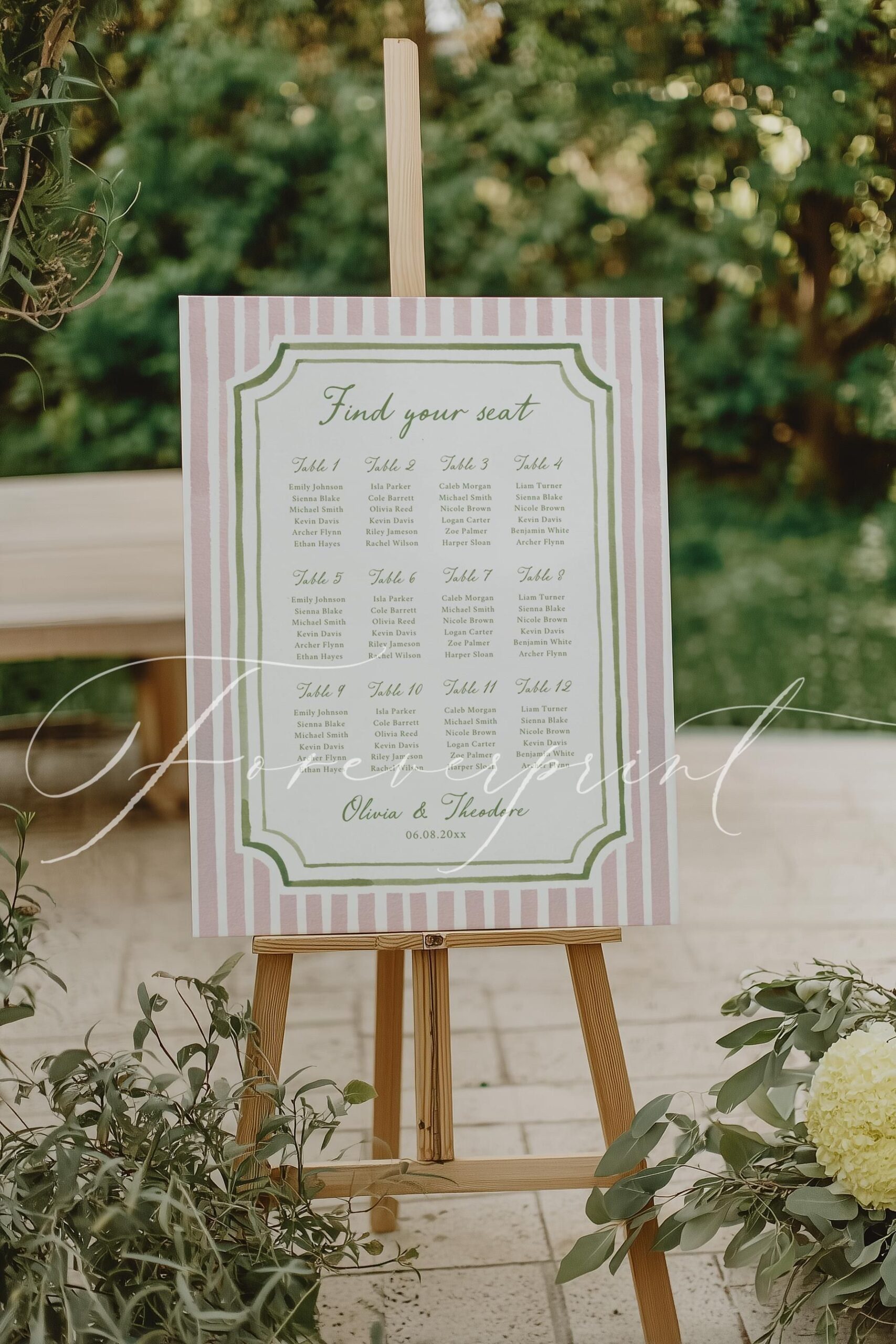 Modèle de table de mariage, rayé rose vert élégant signe Trouvez votre siège, modèle de toile modifiable, plan de table de réception imprimable N25