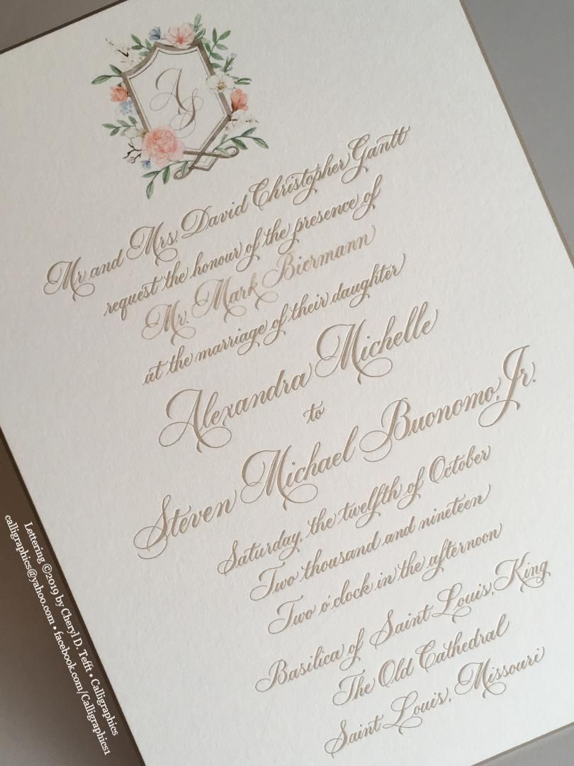 Wedding invitation—calligraphy of complete text for reproduction by printer, with or without monogram