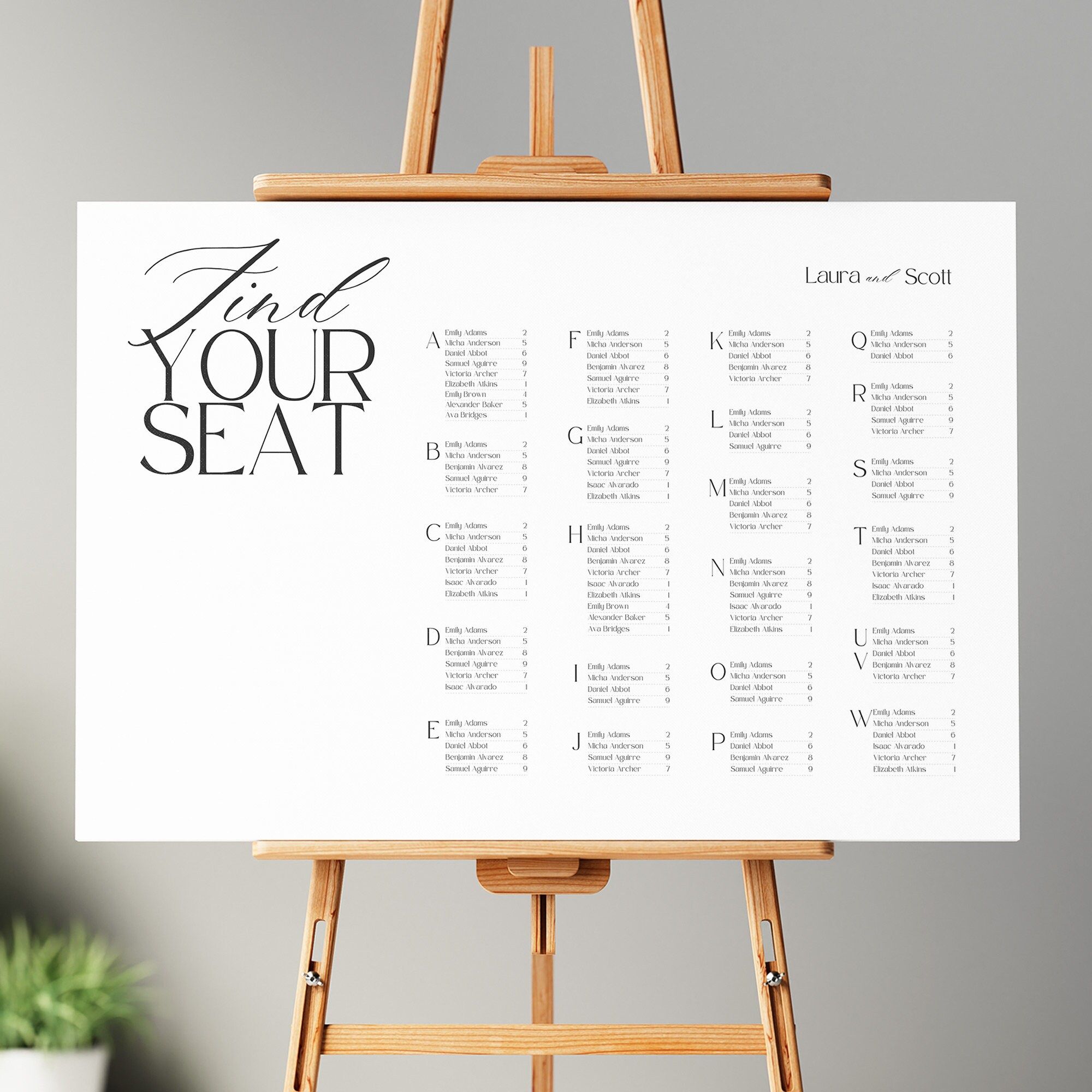 Alphabetical Seating Chart Canva Template, Horizontal Wedding Seating Arrangement, Printable Seating Plan Template Instant Download, BW027