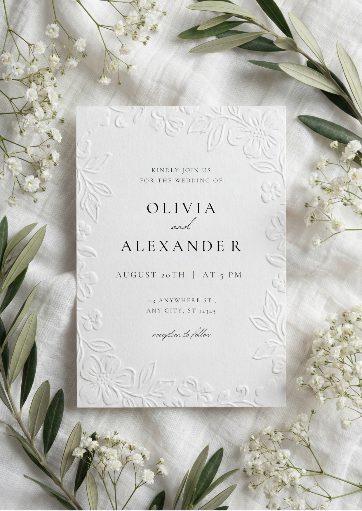 Minimalist Wedding Invitation Editable Canva Template | Elegant Embossed Floral Wedding Invite