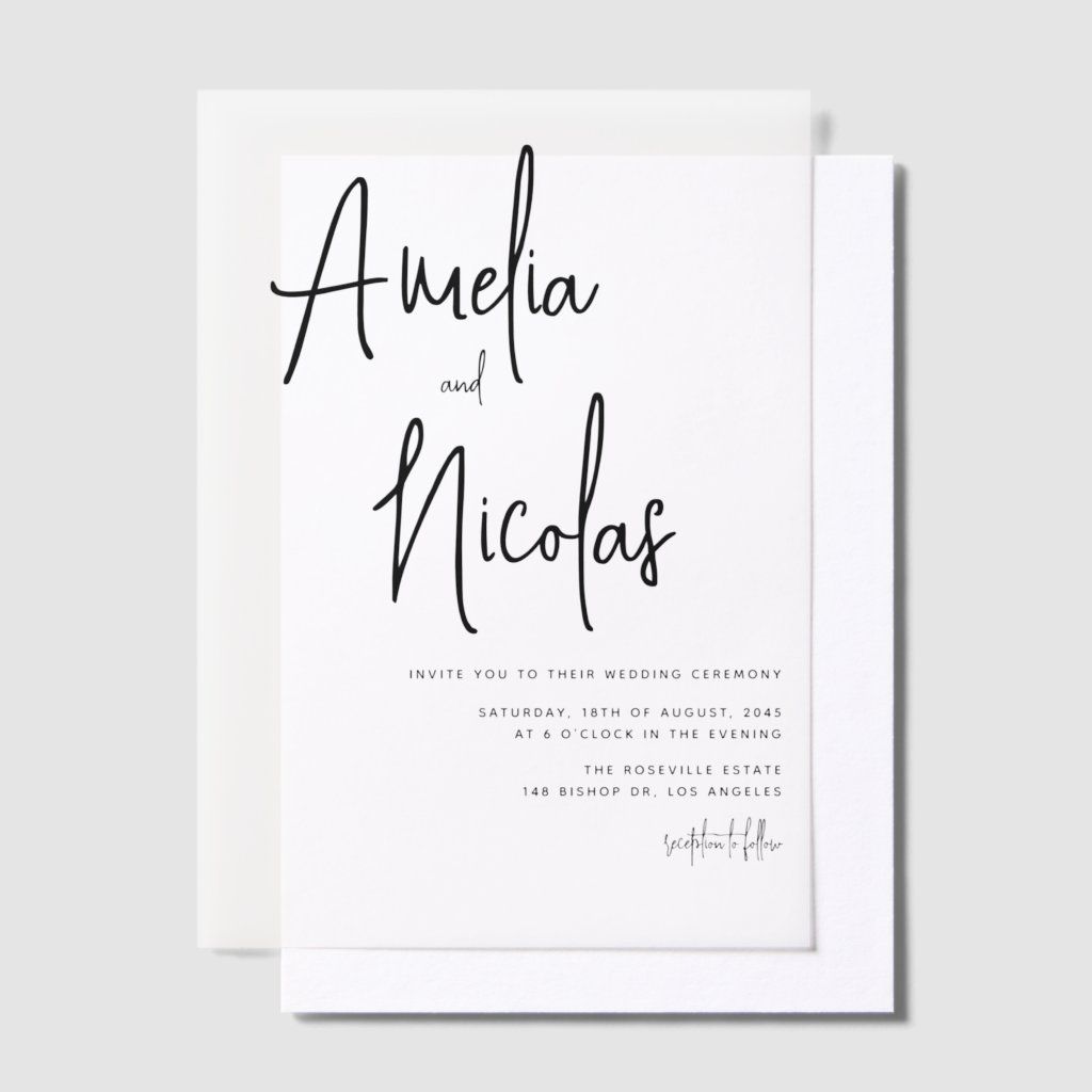 Black Handwritten Script Minimalist Wedding Vellum Invitations
