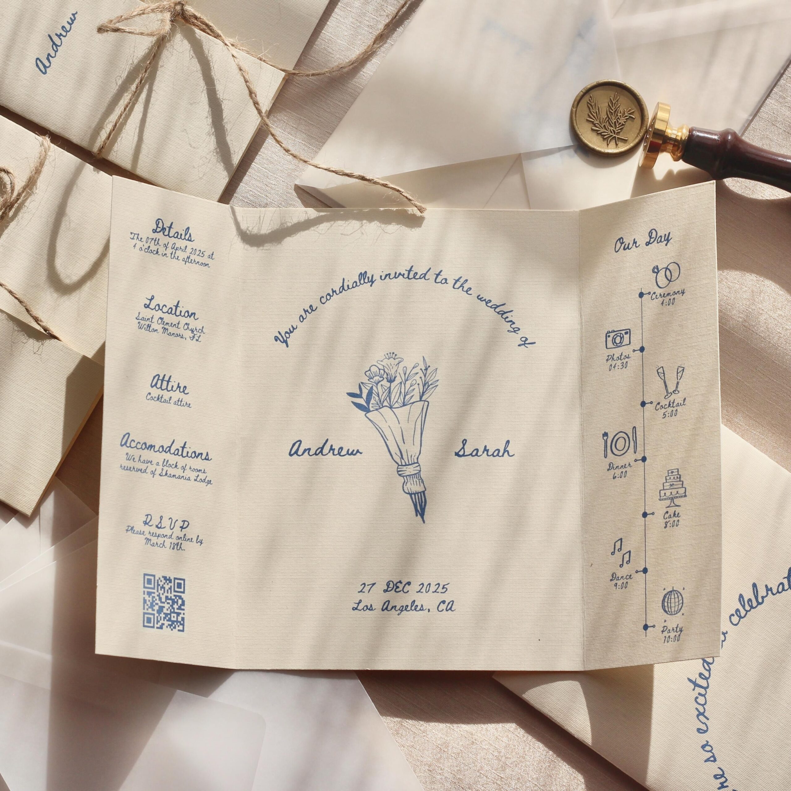 Modèle de faire-part de mariage gatefold dessiné à la main, faire-part de mariage gatefold vintage, invitation de mariage de couleur bleue, RSVP QR mariage imprimable