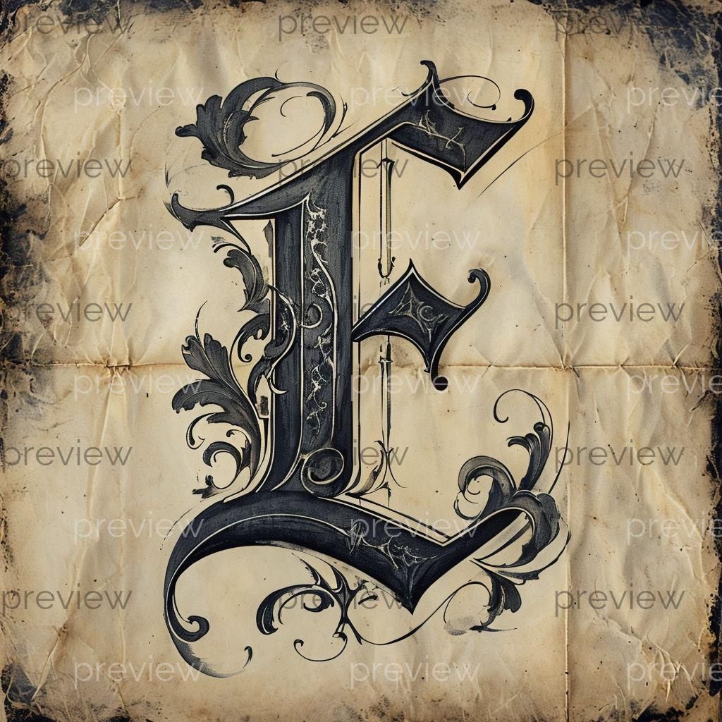 Art vintage orné de la lettre E — Fleurs complexes sur fond de papier vieilli — Imprimable numérique en téléchargement immédiat