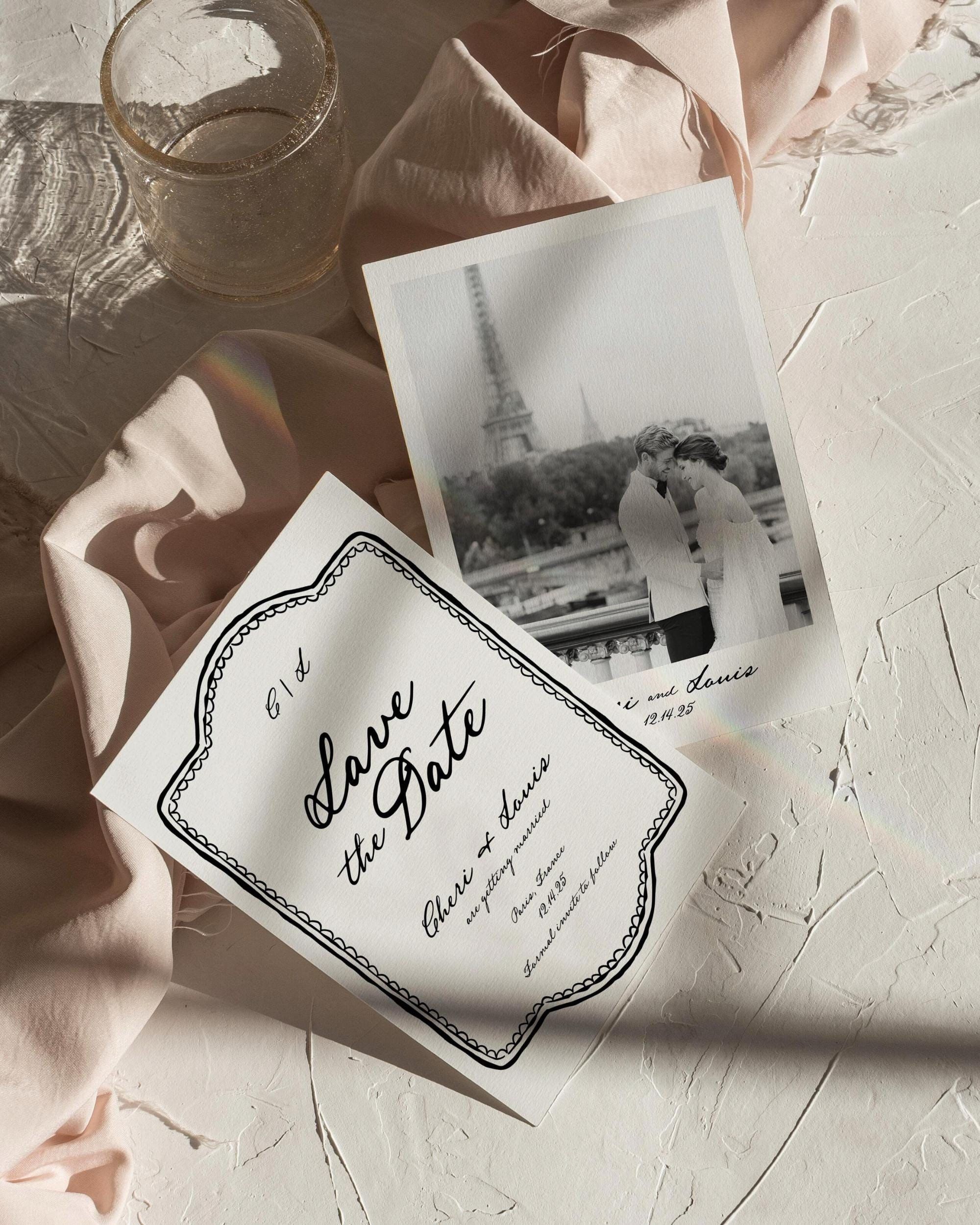 Réservez votre modèle d’invitation photo date | Faire-part de mariage fantaisiste Vintage moderne | carte de mariée dessinée à la main | Police manuscrite