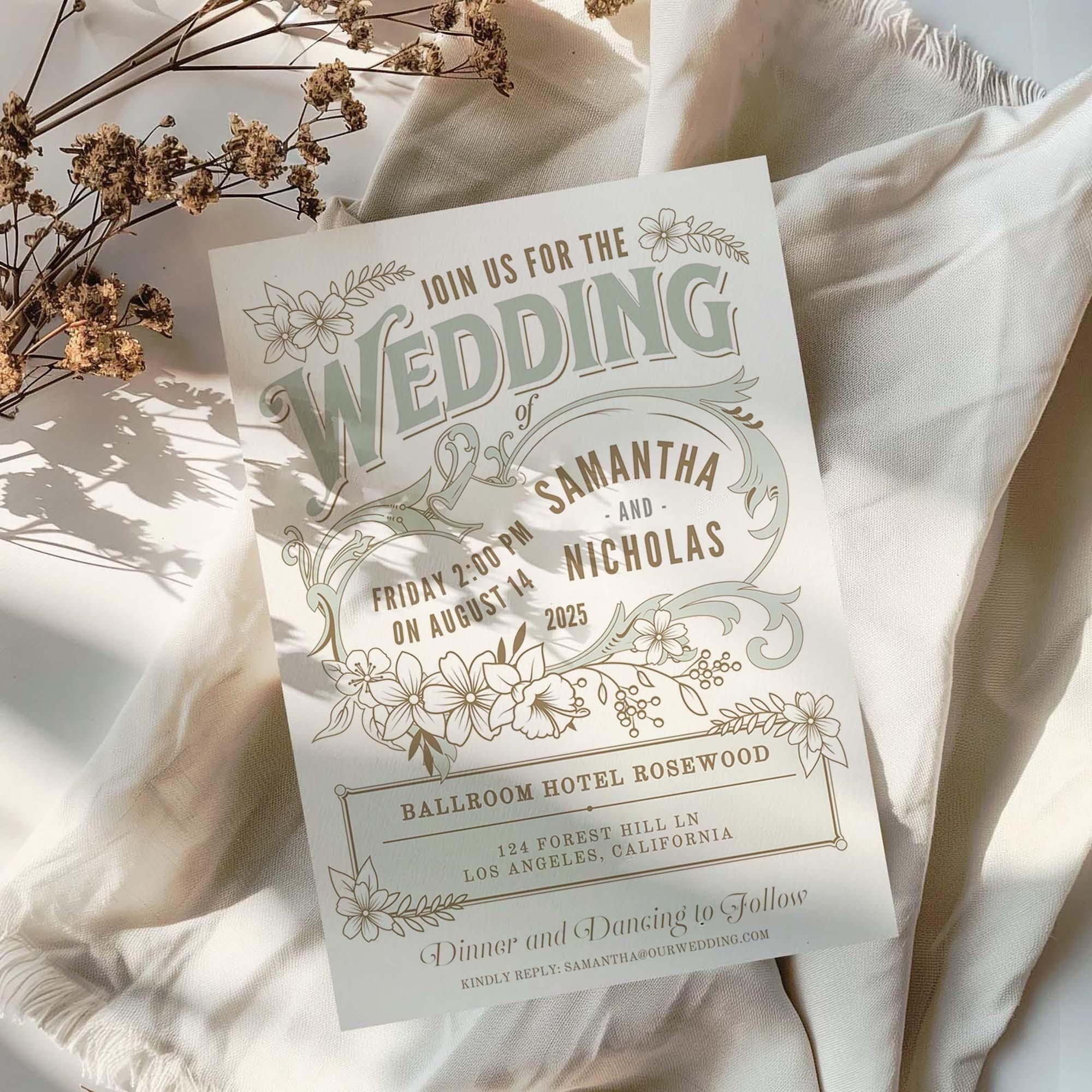 Modèle de faire-part de mariage floral : design vintage élégant (modifiable sur toile)