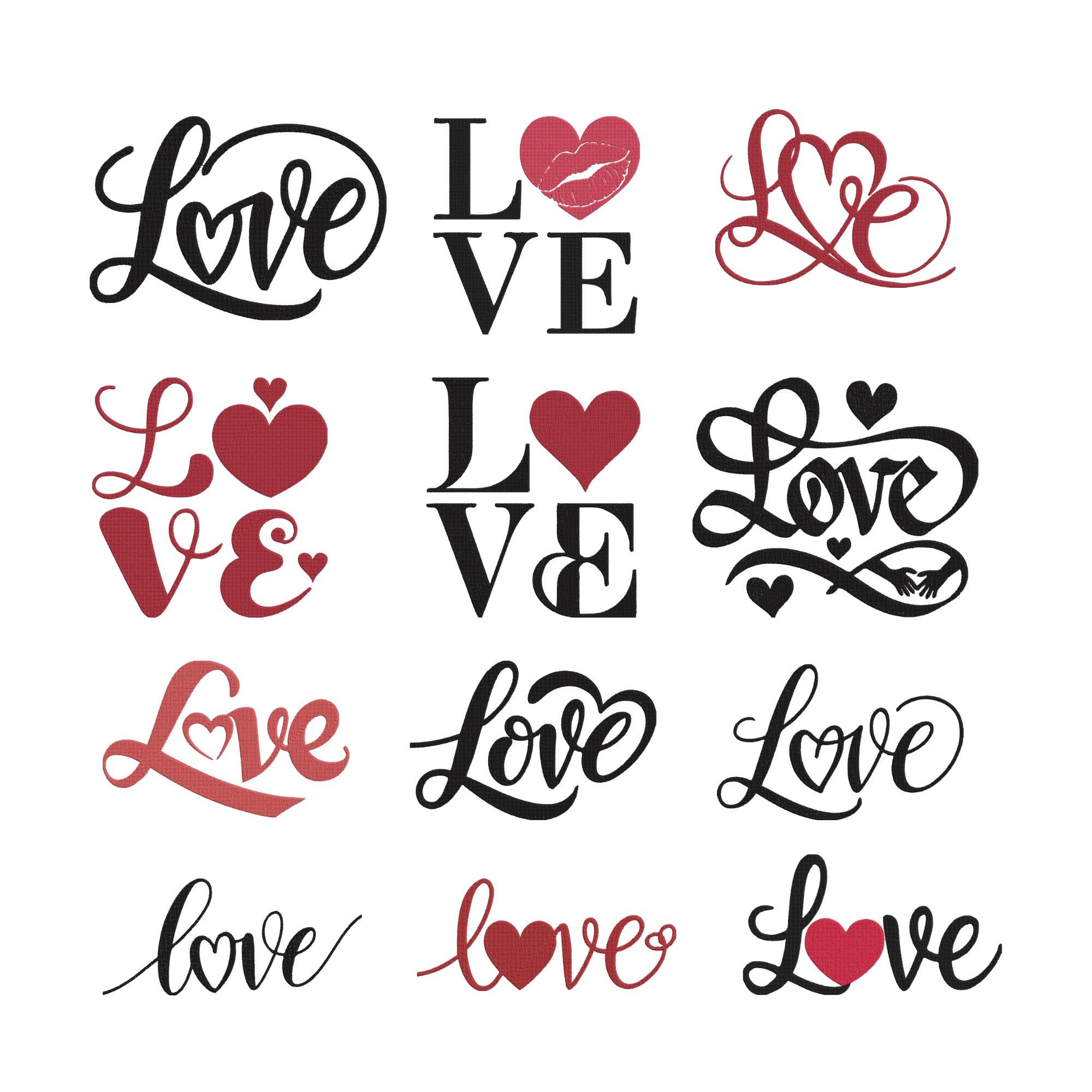 Love Typography Love Valentine Embroidery Design, Script Love Valentine Machine Embroidery File, 12 Design, 9 Size, Instant Download