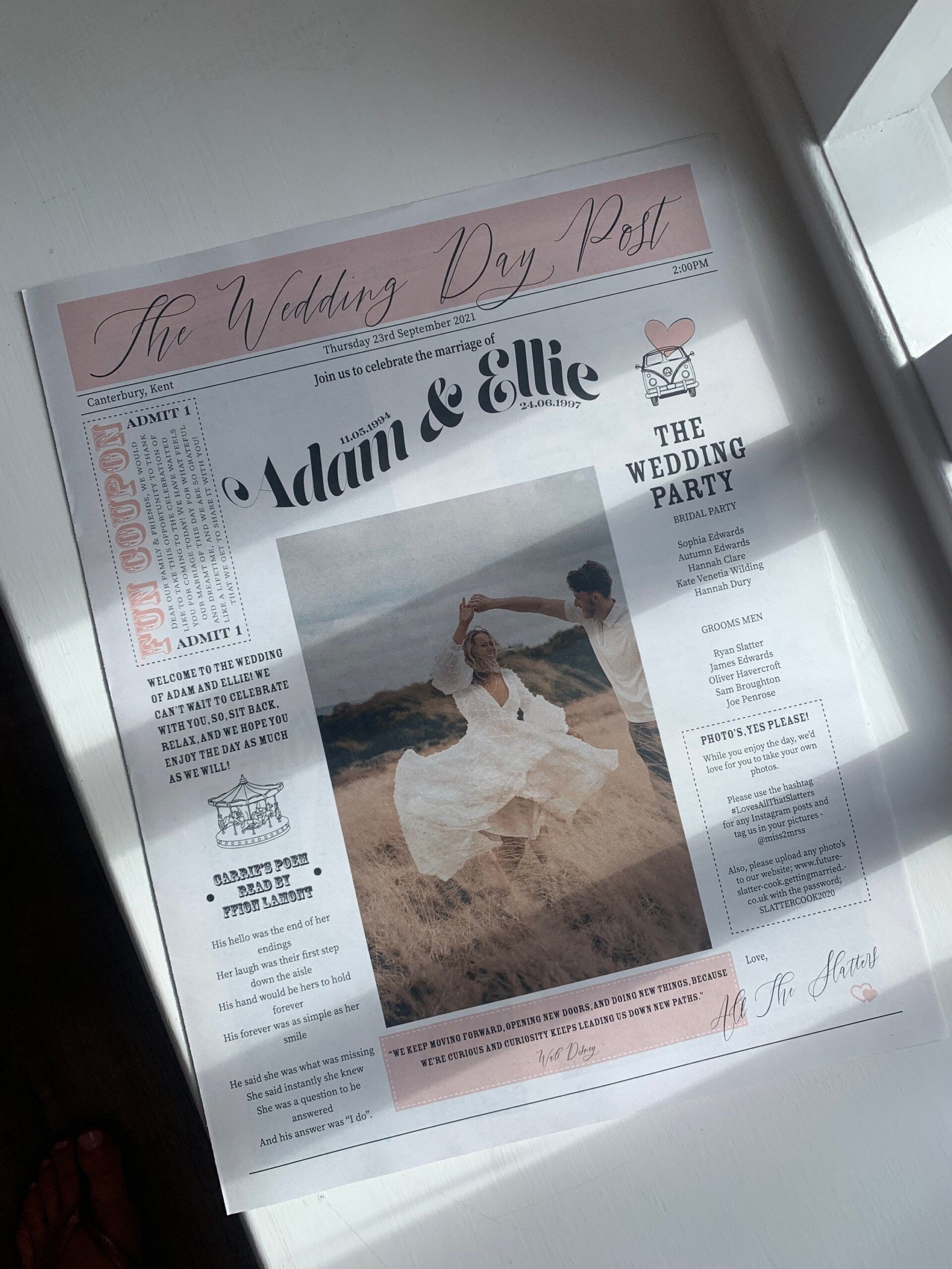 Wedding Day Newspaper | Modern, minimal, simplistic design | 4 page personalised newspaper
