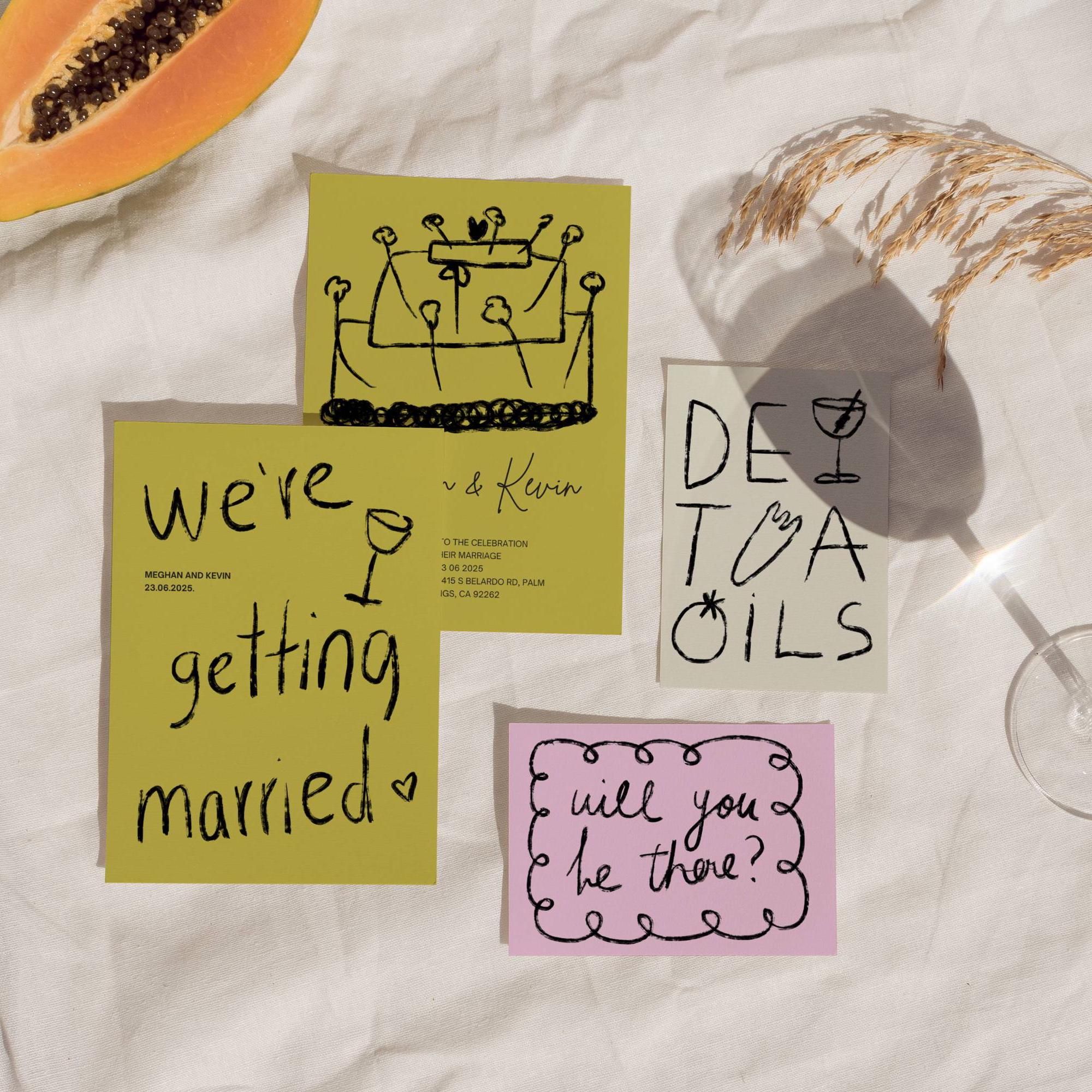 Hand Drawn Italy Wedding Invite Suite | Custom Illustrated Wedding Stationery | Unique Colorful Wedding | Summer Green Pink stationary