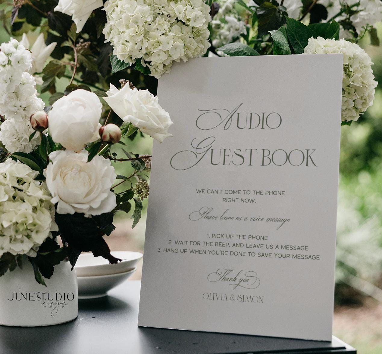 Enseigne de livre d’or audio vert sauge : modèle de mariage rétro moderne (numérique, modifiable A4/A5/5 x 7/8 x 10) BLAIRE