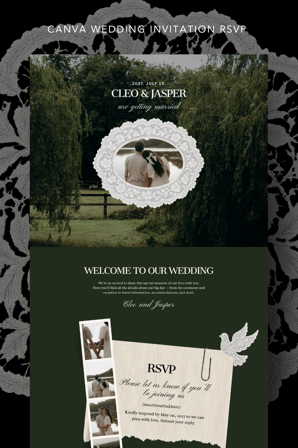 Lace Vintage Wedding Website Template, Canva Editable Wedding RSVP (Digital Download)
