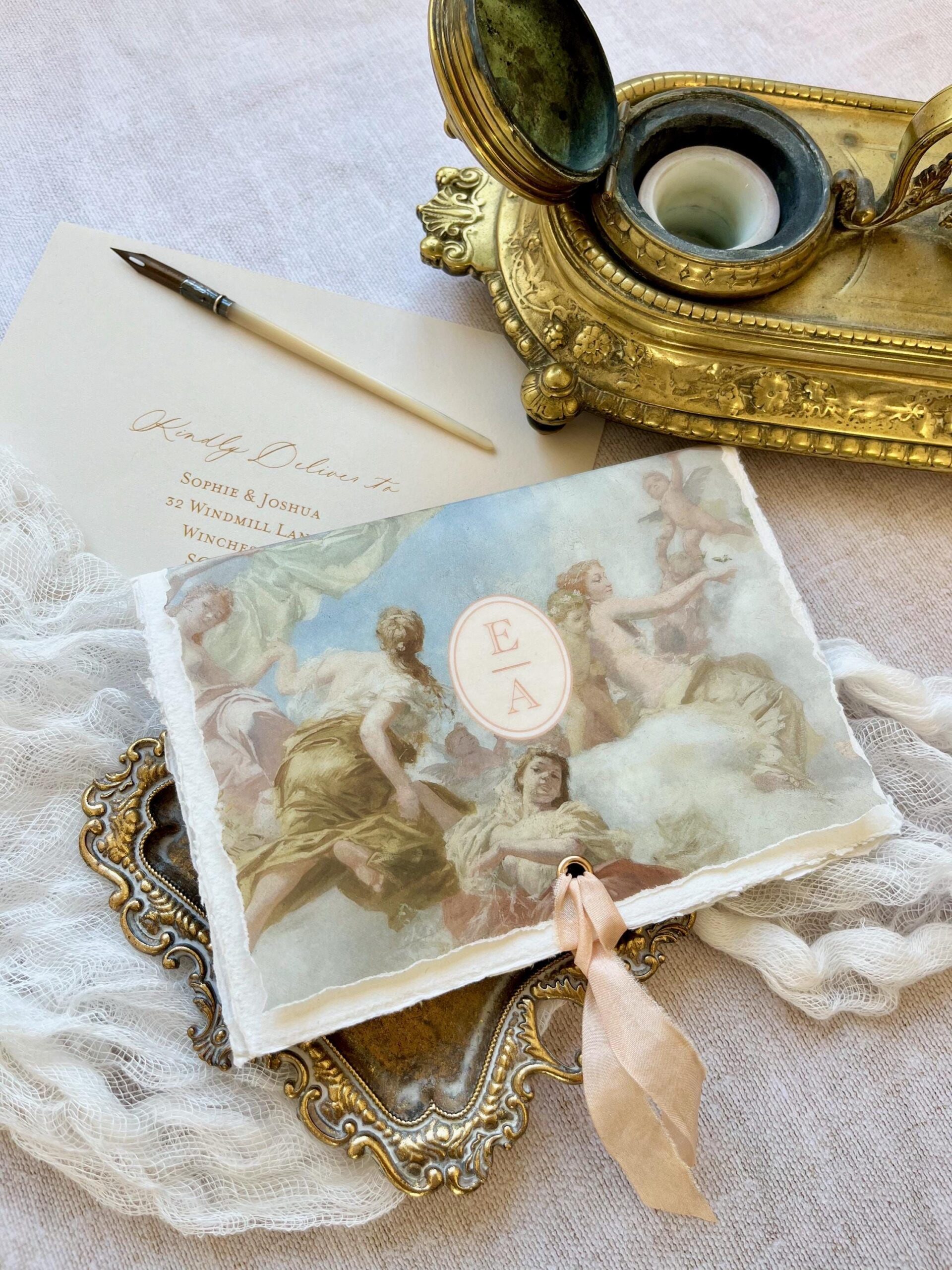 Renaissance handmade paper wedding invitation tied with ribbon SAMPLE
